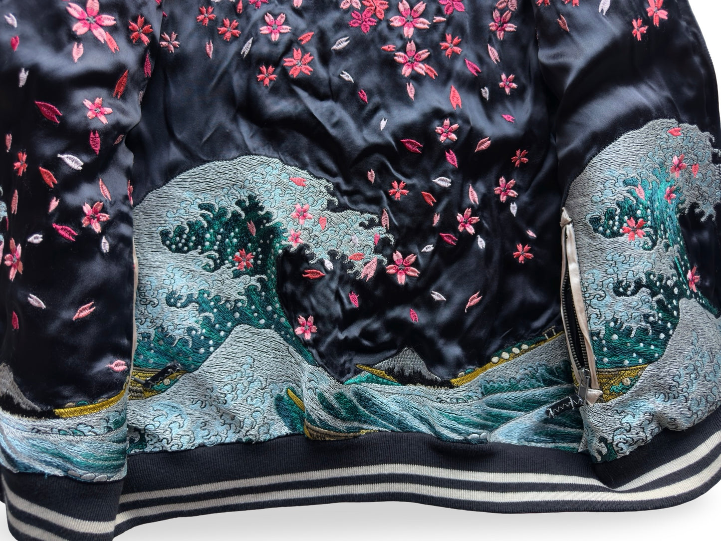 Miyabi Musubi Reversible Sukajan – Rising Koi & Hokusai Great Wave, Sakura Storm Embroidery, Japonisme Japanese Souvenir Jacket