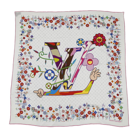 Louis Vuitton × Takashi Murakami Superflat Shawl M96080 White 20th Anniversary Monogram Multicolor Scarf LV TM Rare Collectible