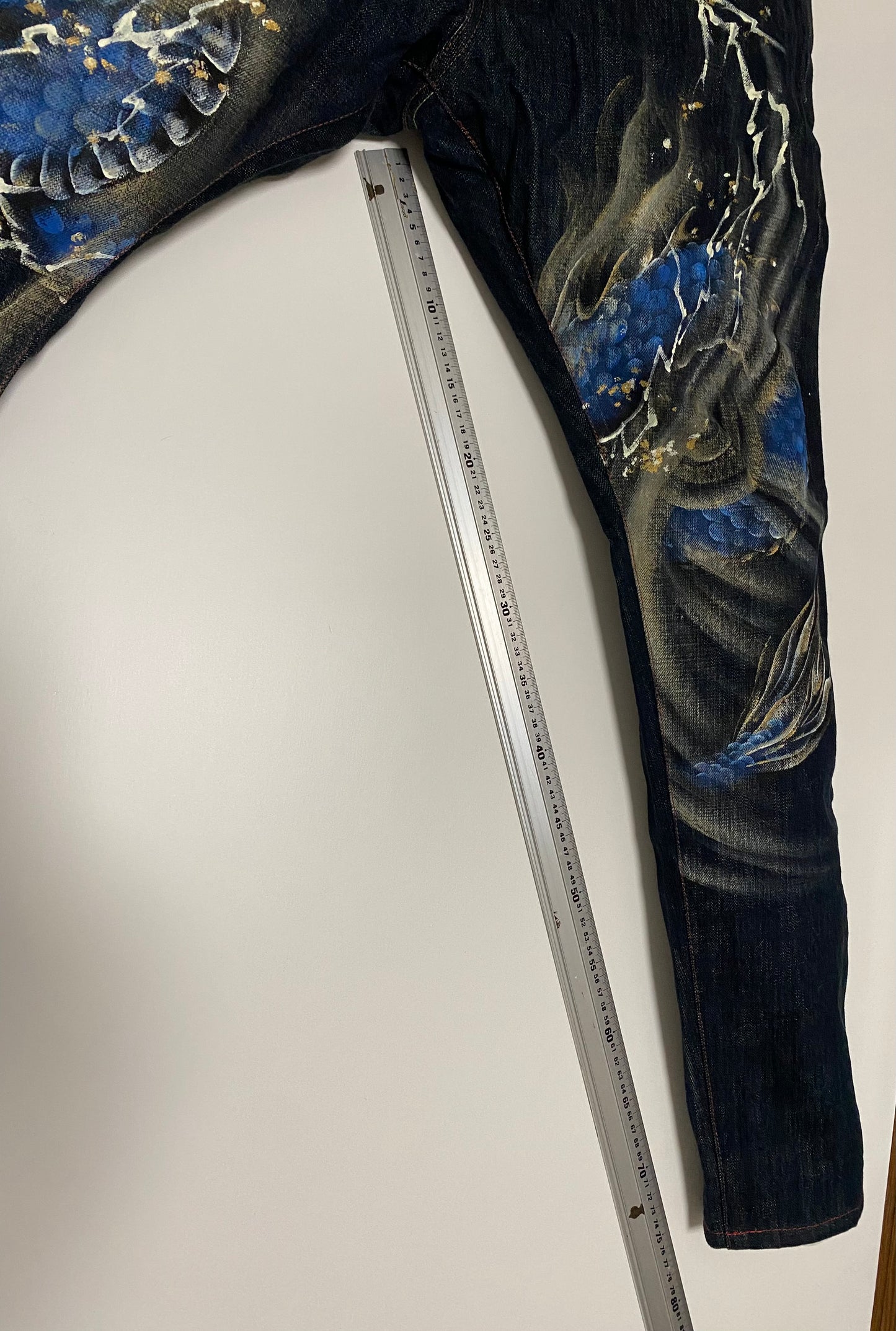 Vintage ZEN Premium Japanese Oni Shishi Hand Painted Art Denim Jeans | Made in Japan | Buddhist Guardian Yokai Streetwear