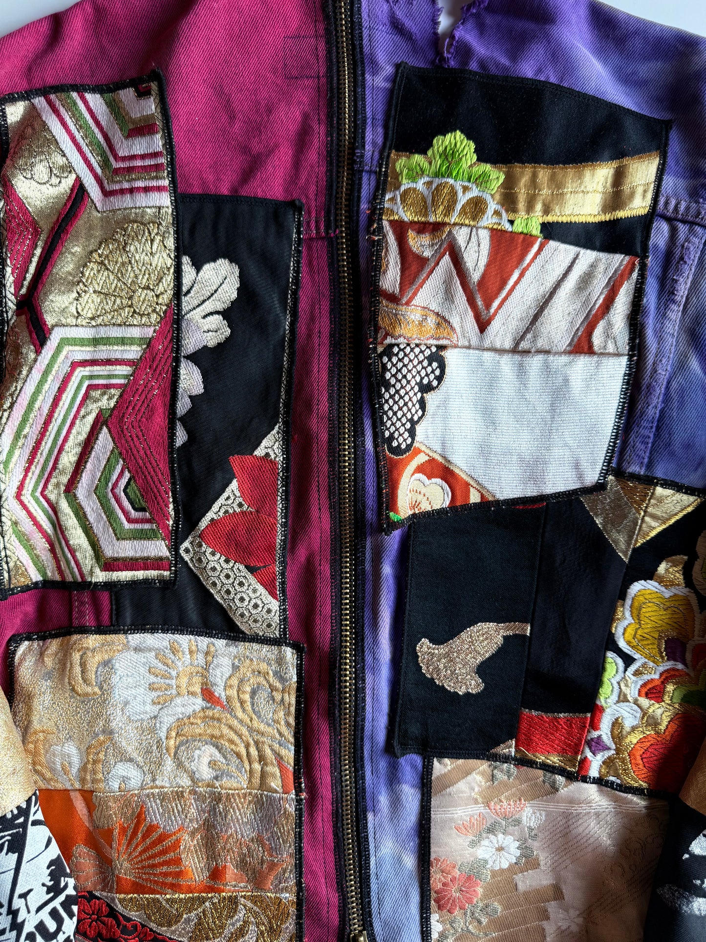 COTÉ MER Kimono Obi Patchwork Denim Remake Upcycled Jacket L XL Japanese One of One Harajuku Streetwear Wearable Art