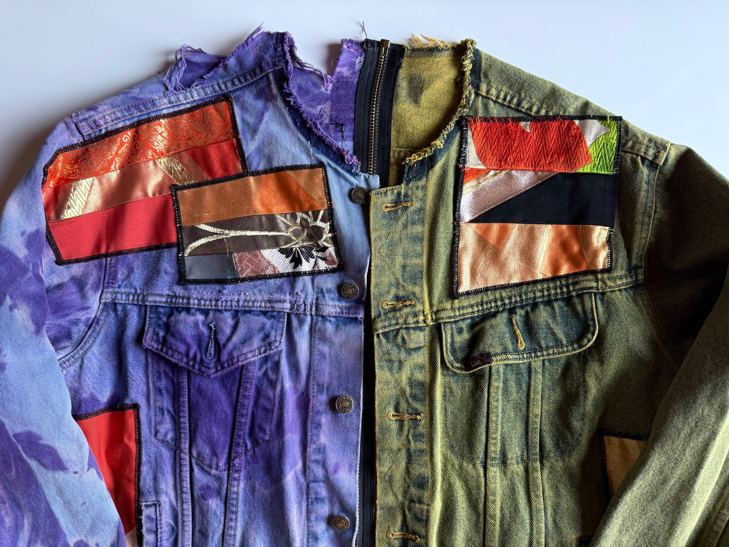 COTÉ MER Kimono Obi Patchwork Denim Remake Jacket L XL Japanese One of One Harajuku Streetwear Wearable Art