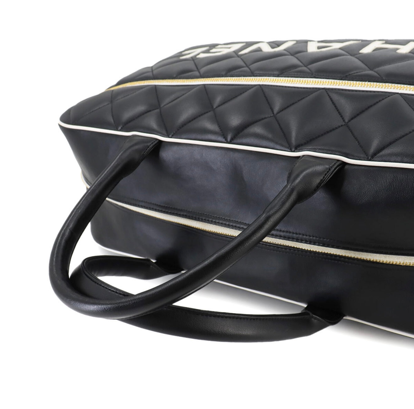 CHANEL Matelassé Logo Boston Bag A05943 Black × White – Vintage Gold Hardware – 1990s Large Quilted Travel Boston Tote – Authentic CHANEL Collector Bag