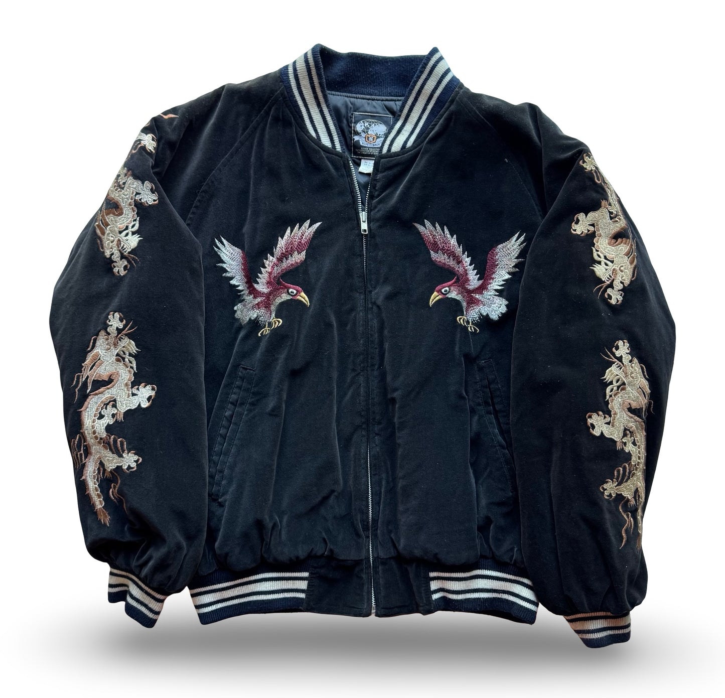 Vintage West-Pac Tour Sukajan Jacket – USS Midway CV-41 Tiger & Dragon Embroidery – Yokosuka Souvenir Sukajan (Velveteen)