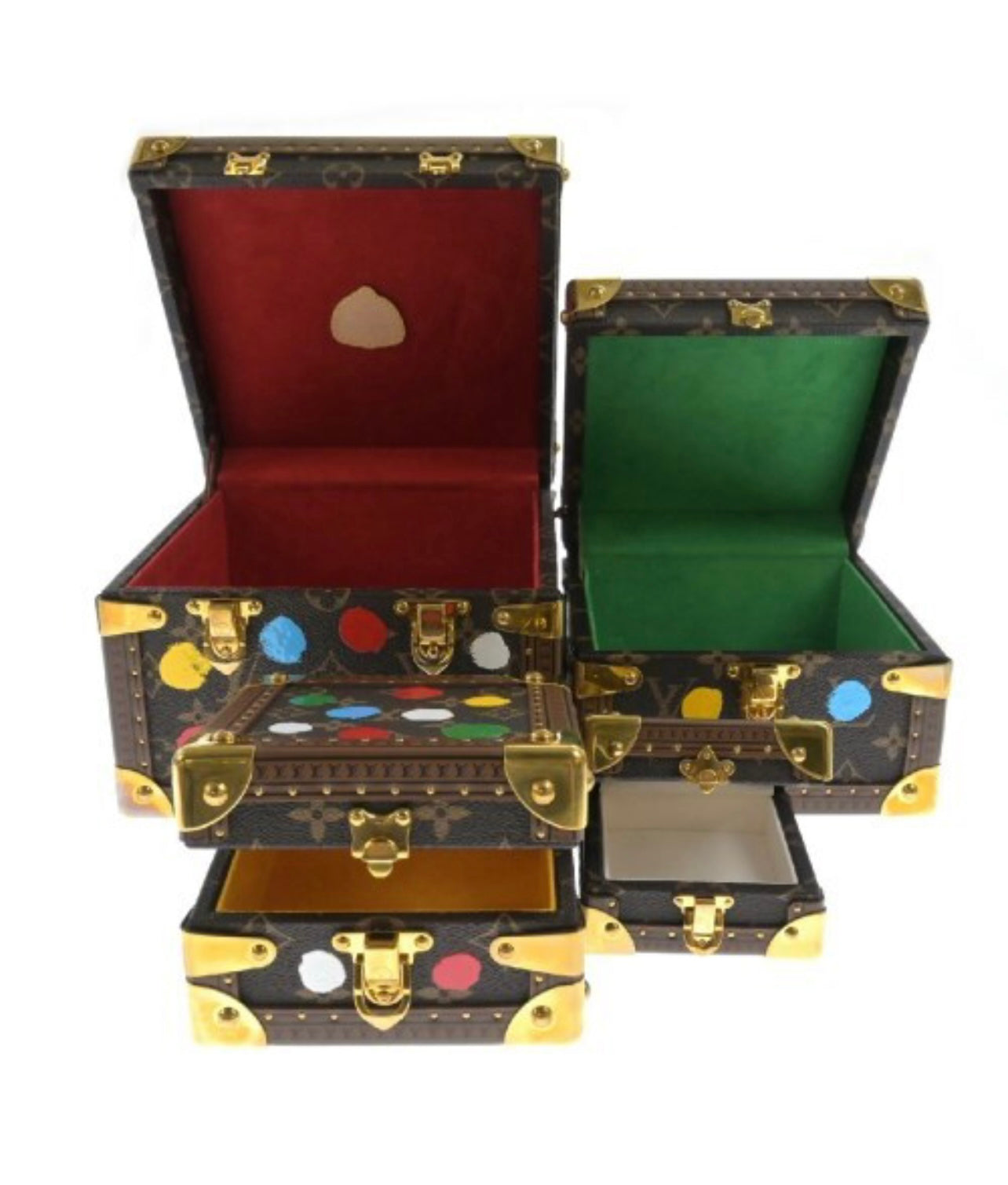 Louis Vuitton × Yayoi Kusama M10119 Painted Pyramid Jewelry Trunk Set · Limited Art Collab · 4-Piece Monogram Hard Case Collection (A Rank)