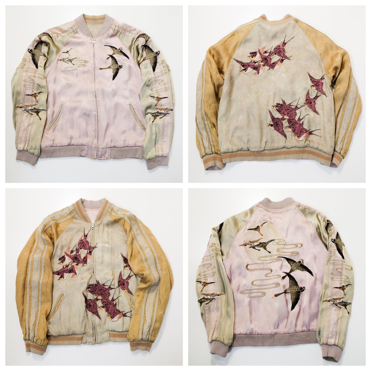 Vintage Reversible Sukajan Jacket M Swallow Wild Goose Embroidery Pink Gold Brocade Japanese Souvenir Bomber Tamashii Reversible Sukajan Jacket L Dragon Fuji Goldfish Lotus Embroidered Japanese Souvenir Bomber (Copy)