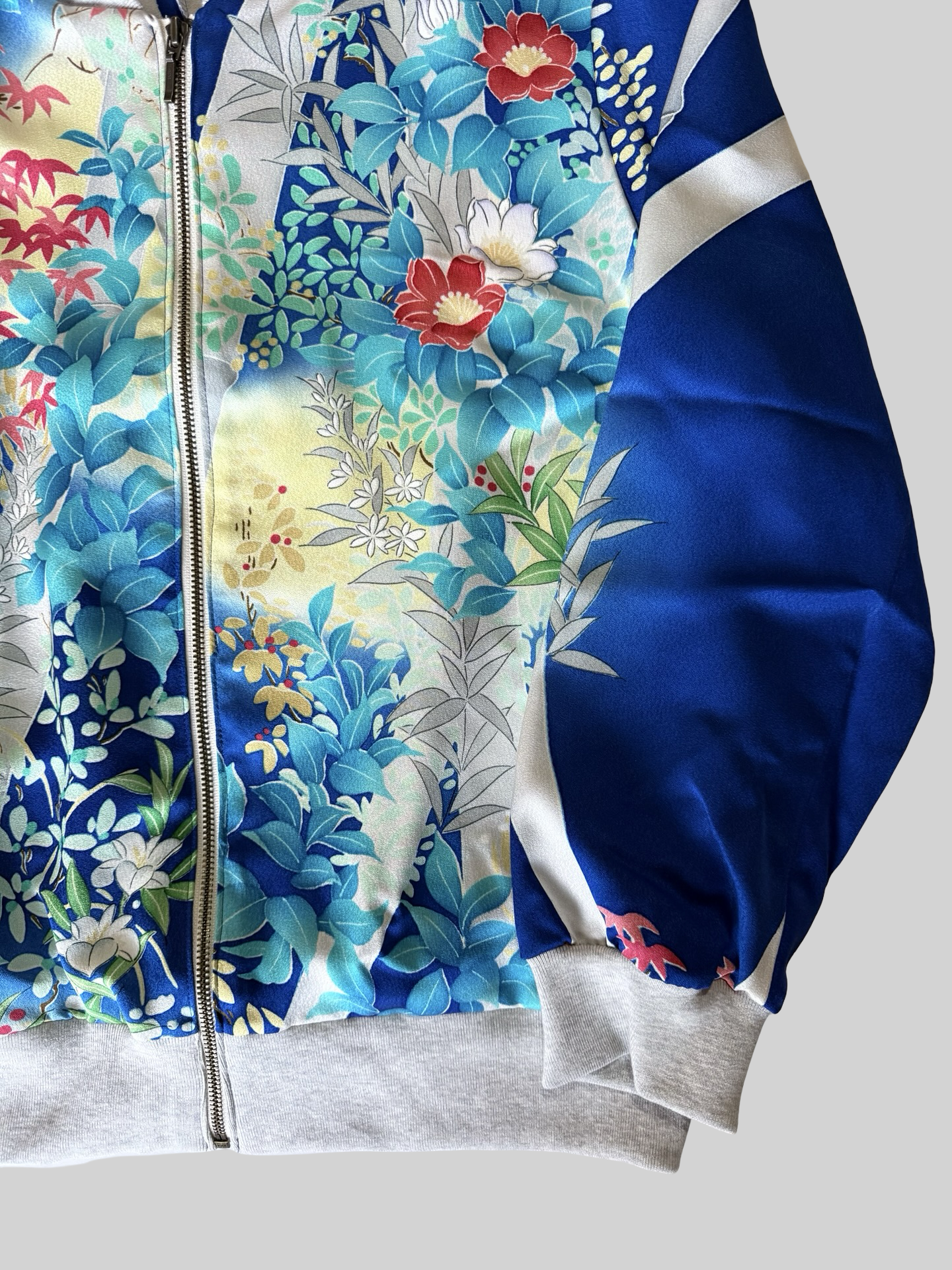 Vintage Kimono Remake Bomber Jacket Blue Floral Camellia Silk Upcycled Japanese Wearable Art Jacket Unisex Free Size S M