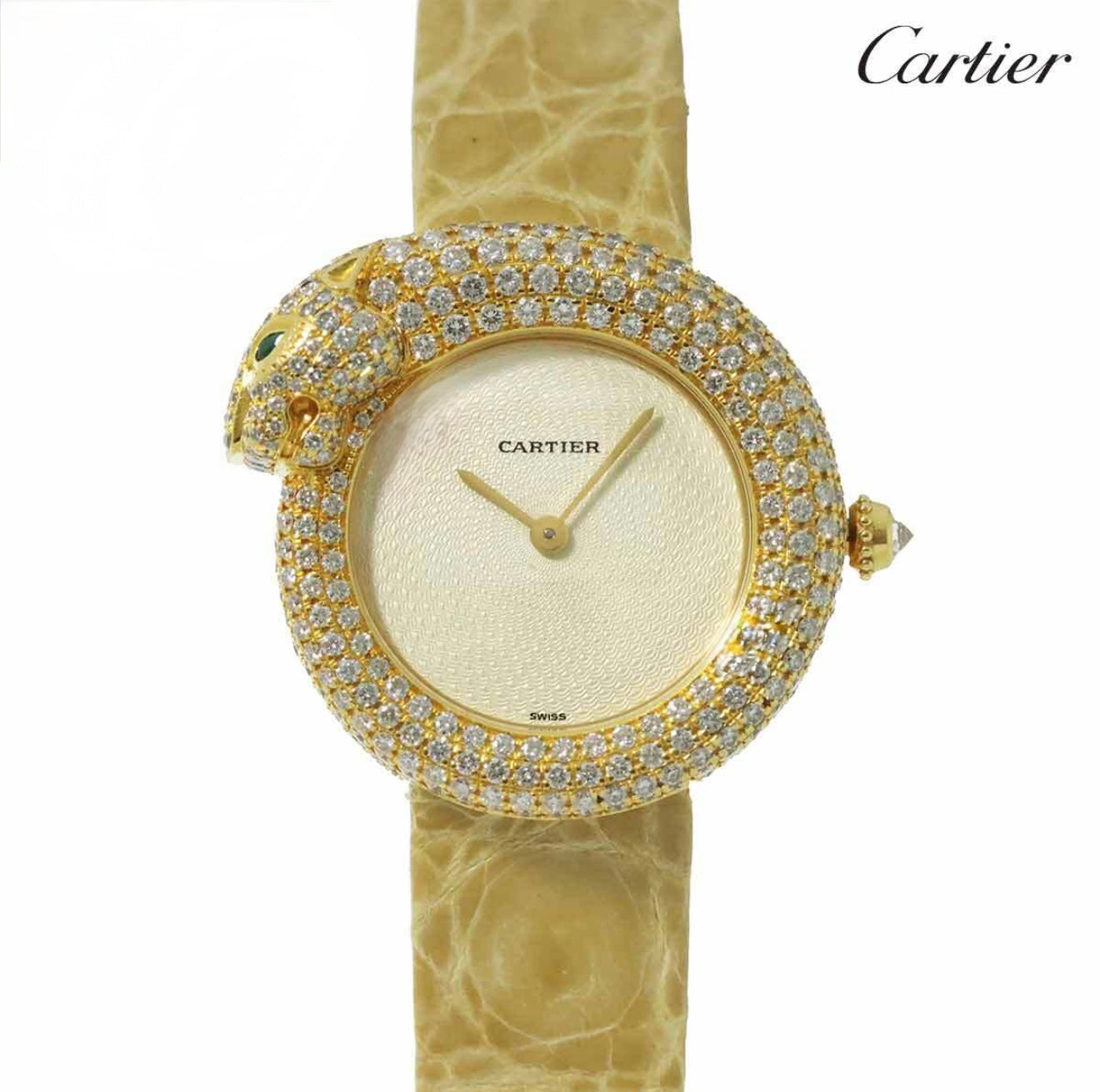 Cartier Panthère 1925 K18YG Diamond Ladies Watch WF317551 – Ivory Crocodile Strap, Full Pavé Panther Motif, Luxury Collector’s Piece