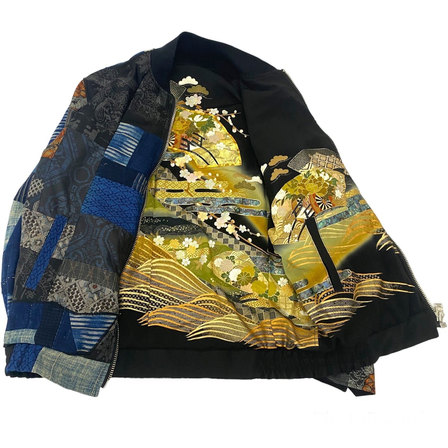 Bespoke Hypebeast Japanese Vintage Handmade Custom One and Only One Cote Mer Upcycle Street Fashion Embroidered Embroidery Kimono Obi Boro Souvenir Sukajan Bomber Riders Blouson Jacket ( Size : XL )