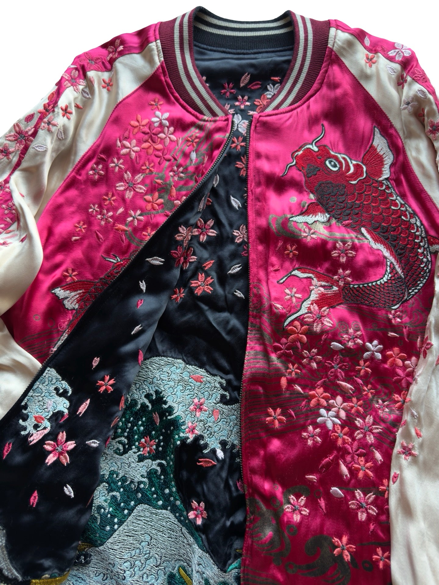 Miyabi Musubi Reversible Sukajan – Rising Koi & Hokusai Great Wave, Sakura Storm Embroidery, Japonisme Japanese Souvenir Jacket