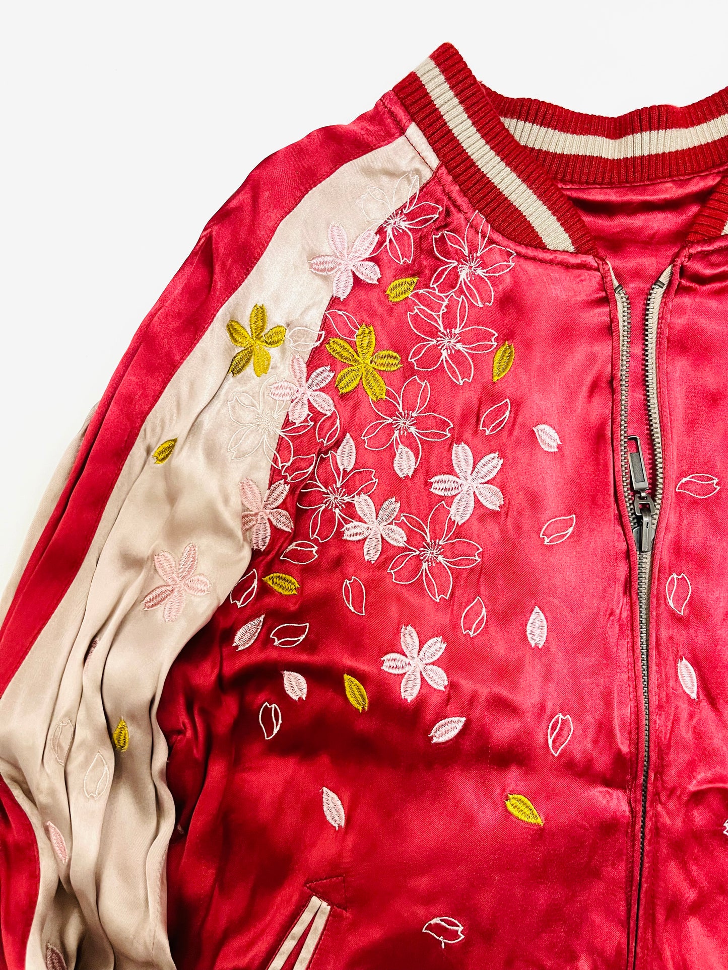 Rare Kaccho Fugetsu Japanese Oiran Geisha Maiko Sakura Cherry Blossoms Koi Fish Tattoo Art Design Red Flowers Floral Flower Embroidered Embroidery Sukajan Souvenir Sukajum Skajum Tattoo Art Design Yokosuka Jumper Reversible Bomber Jacket ( Size : M )