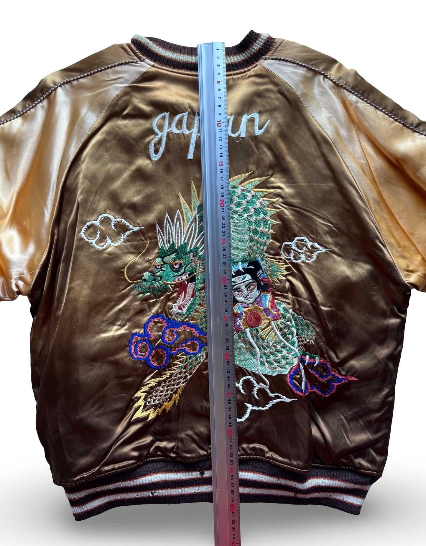 Vintage Pherrow’s Reversible Sukajan Dragon Warrior Skeleton Dance Japan Souvenir Jacket, Gold Brown Embroidered Bomber