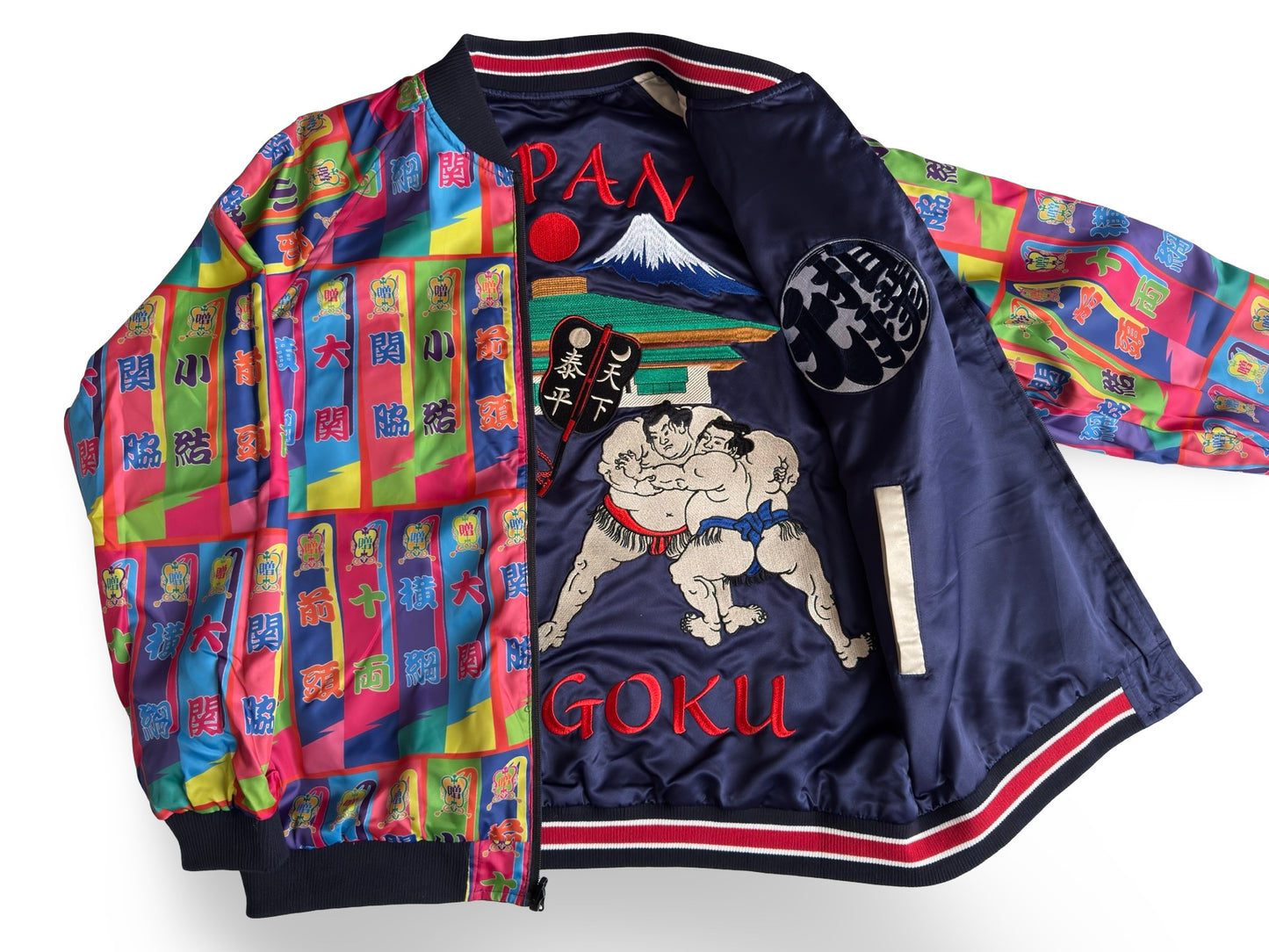 Dope Reversible Ryogoku Sumo Sukajan Jacket – Mt. Fuji Embroidery, Neon Banner Side, Premium Japanese Souvenir Art