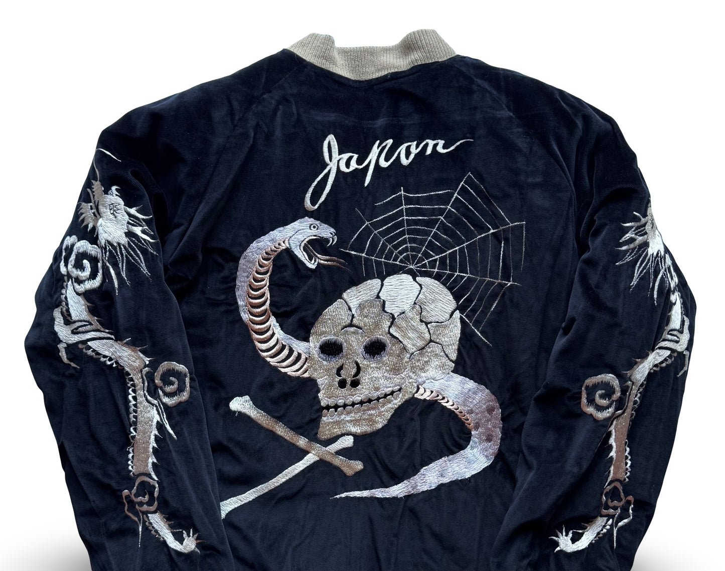 Vintage BEAMS Skull Snake Sukajan Reversible Japan Jacket, Spider Web Velveteen Bomber with Mount Fuji Pagoda Embroidery