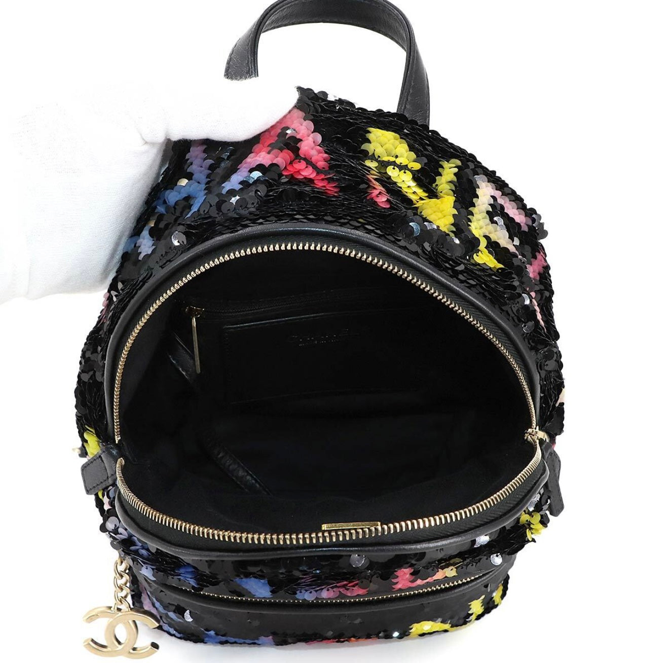 CHANEL Sequin Chain Backpack Black Multicolor Graffiti Logo Lambskin Gold Hardware C3— Exhibition Unused