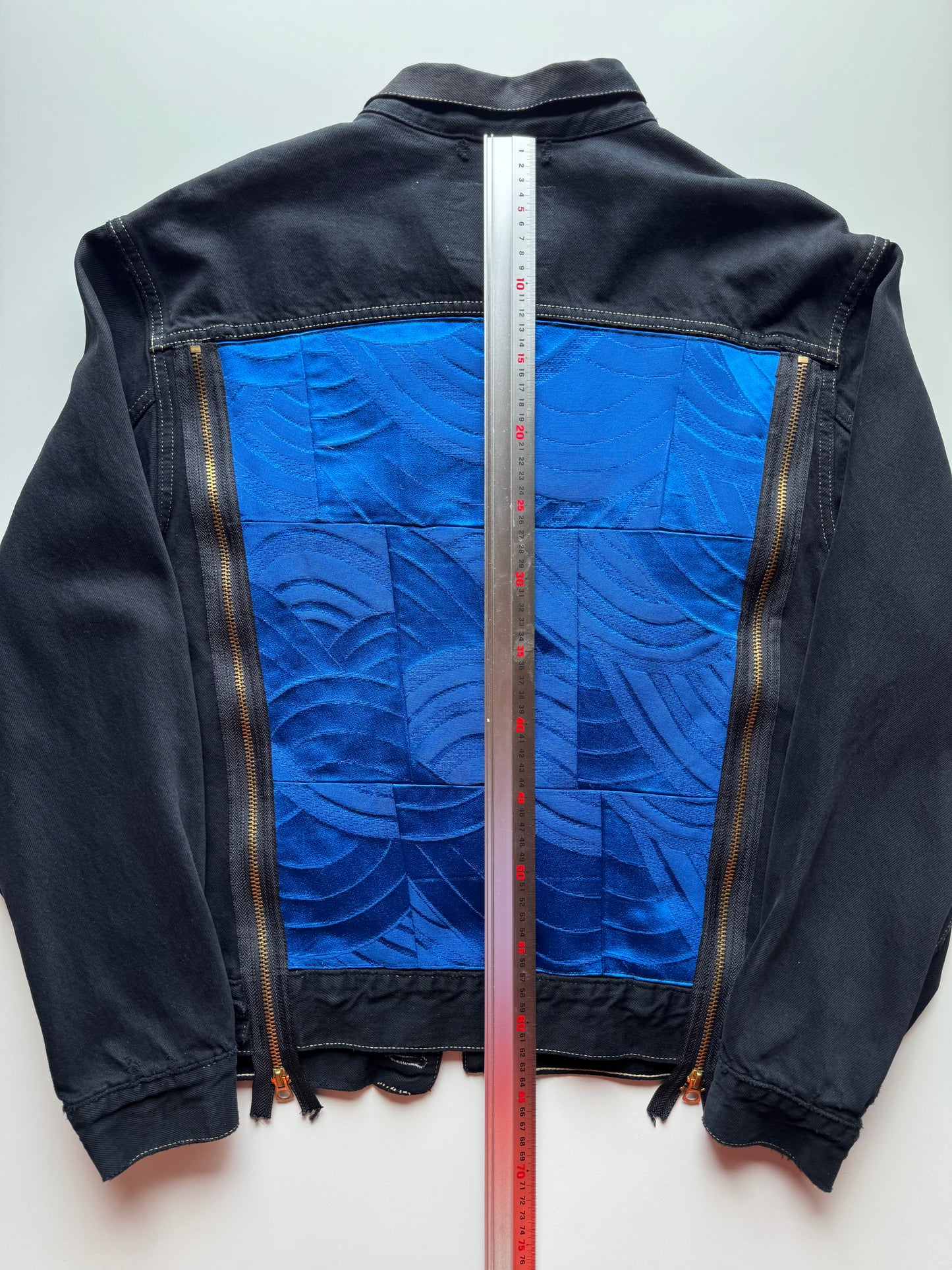 Vintage Levi's Black Denim Jacket with Indigo Seigaiha Silk Panel | Japanese Kimono Remake | One of a Kind Wearable Art | M-L