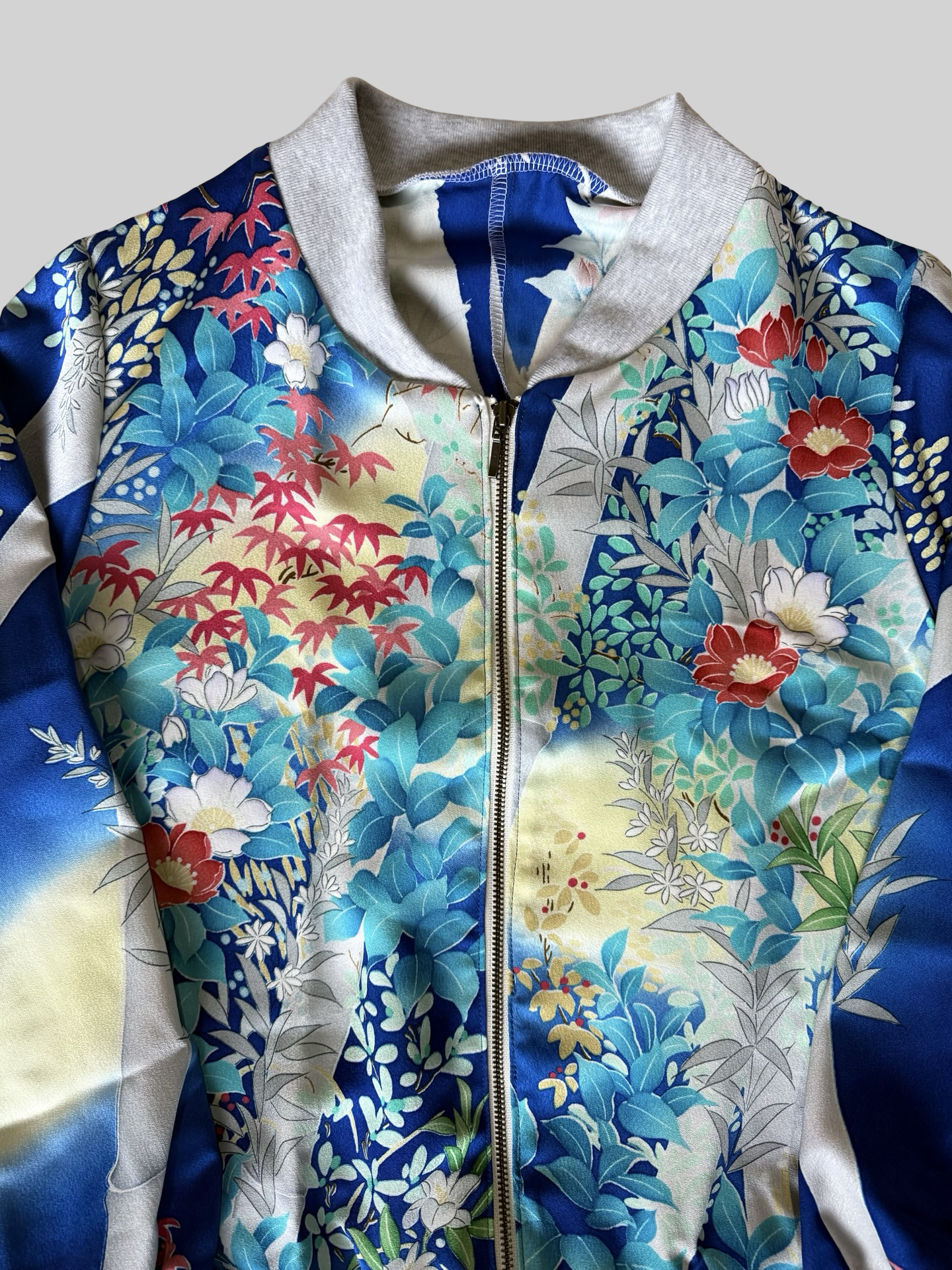 Vintage Kimono Remake Bomber Jacket Blue Floral Camellia Silk Upcycled Japanese Wearable Art Jacket Unisex Free Size S M