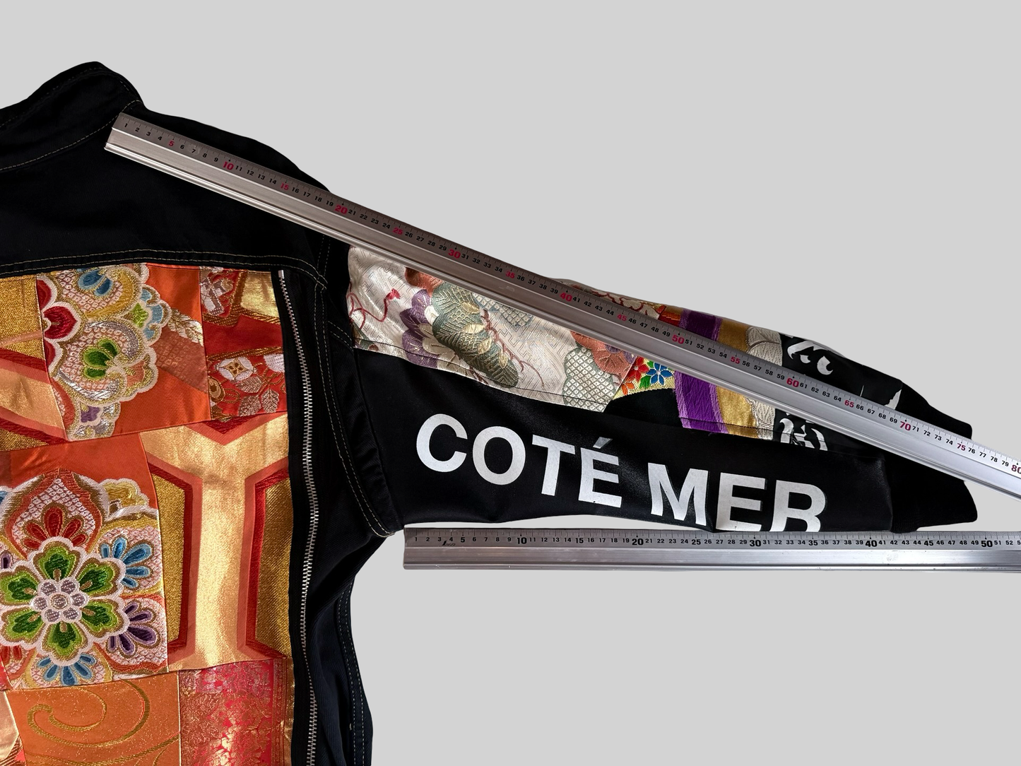 COTE MER Kimono Obi Remake Denim Jacket Silk Brocade Patchwork Japanese Upcycled Designer Jacket L XL