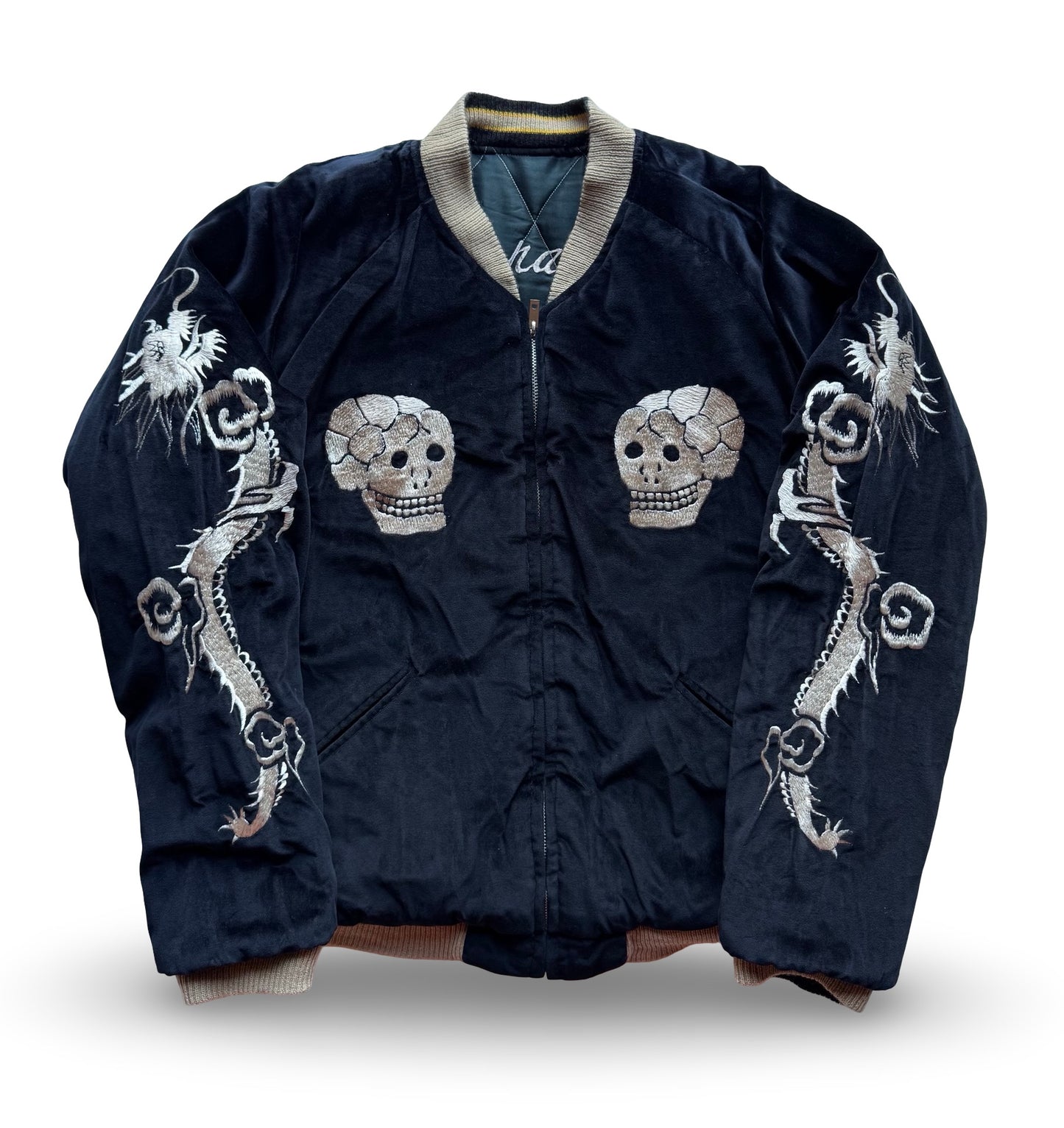 Vintage BEAMS Skull Snake Sukajan Reversible Japan Jacket, Spider Web Velveteen Bomber with Mount Fuji Pagoda Embroidery