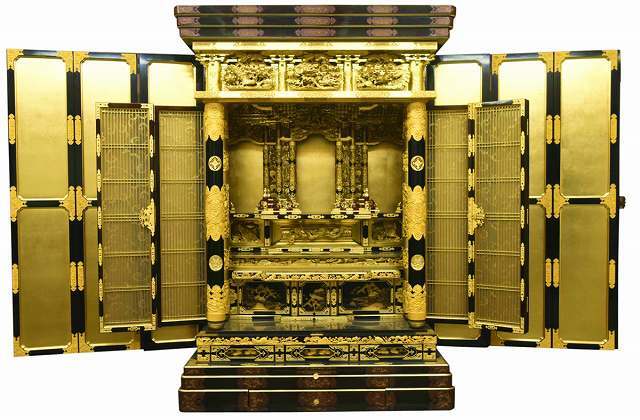 Monumental Otani-ha Guden-Style Gold Butsudan (Jodo Shinshu, Higashi Lineage) — Black Lacquer Exterior, Full Gold Interior — Estate-Scale Architectural Altar Cabinet (Approx. W 124 cm × H 180 cm × D 80 cm)