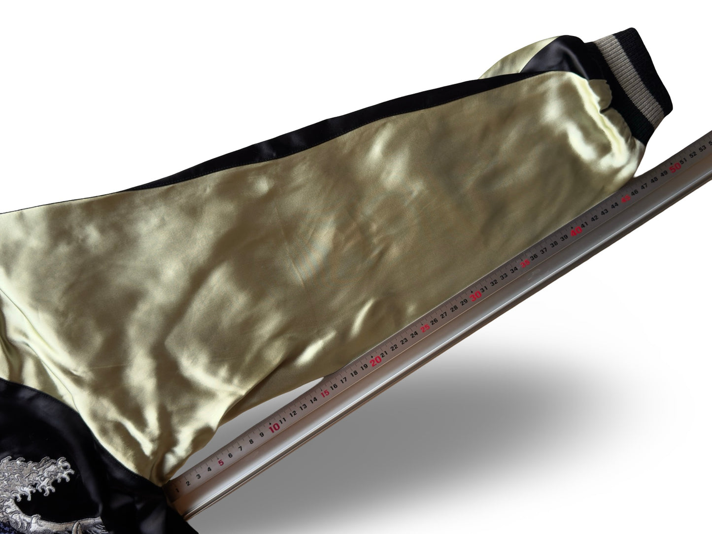 Vintage Japanese Sukajan Jacket – Godzilla × Mothra Embroidery • Kaiju Souvenir Jacket • Black & Gold Satin Bomber (One-Side Emblem)