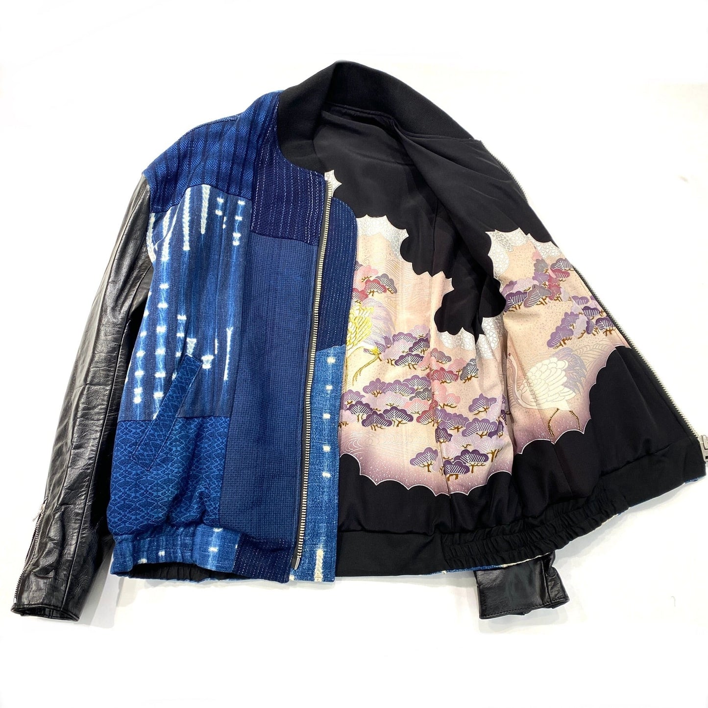 Bespoke Hypebeast Japanese Vintage Handmade Custom One and Only One Cote Mer Upscale Street Fashion Embroidered Embroidery Kimono Obi Boro Remake Souvenir Sukajan Bomber Leather x Indigo Aozome Riders Biker Blousson Jacket ( Size : XL )