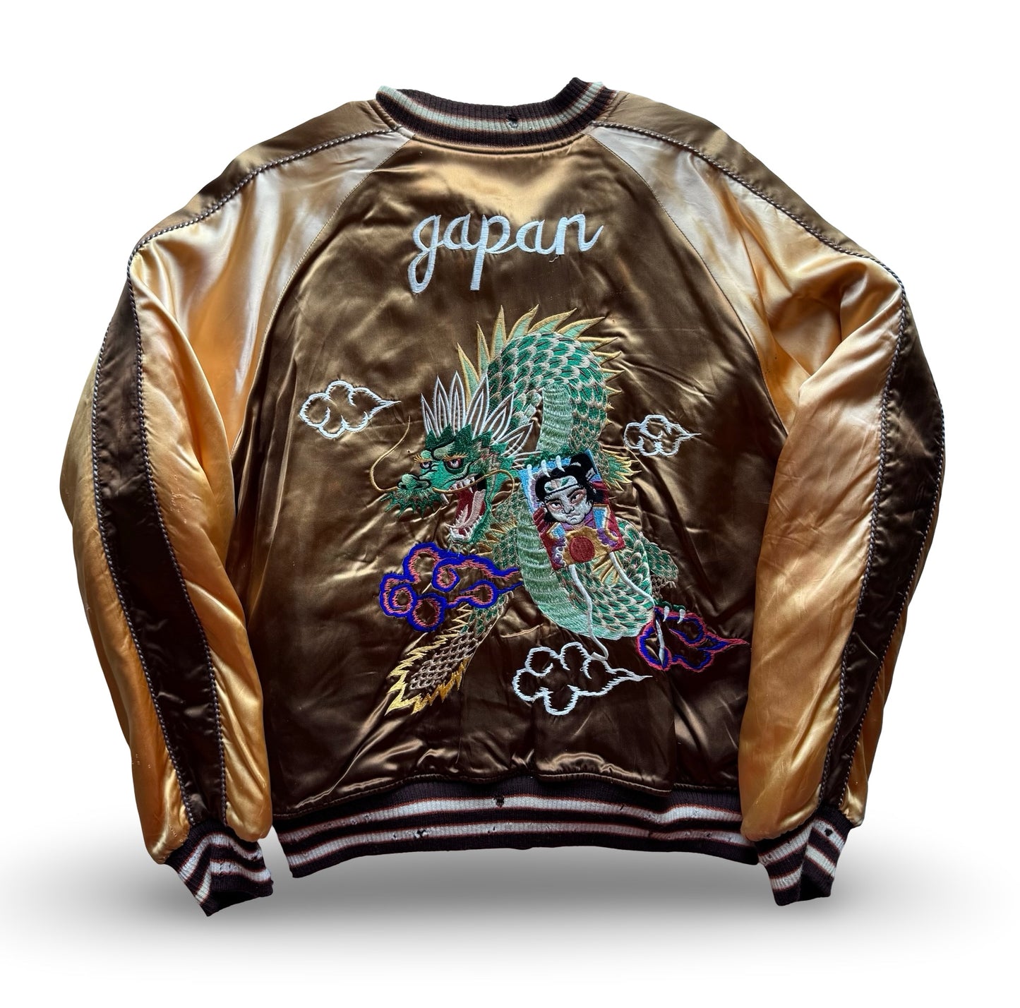 Vintage Pherrow’s Reversible Sukajan Dragon Warrior Skeleton Dance Japan Souvenir Jacket, Gold Brown Embroidered Bomber