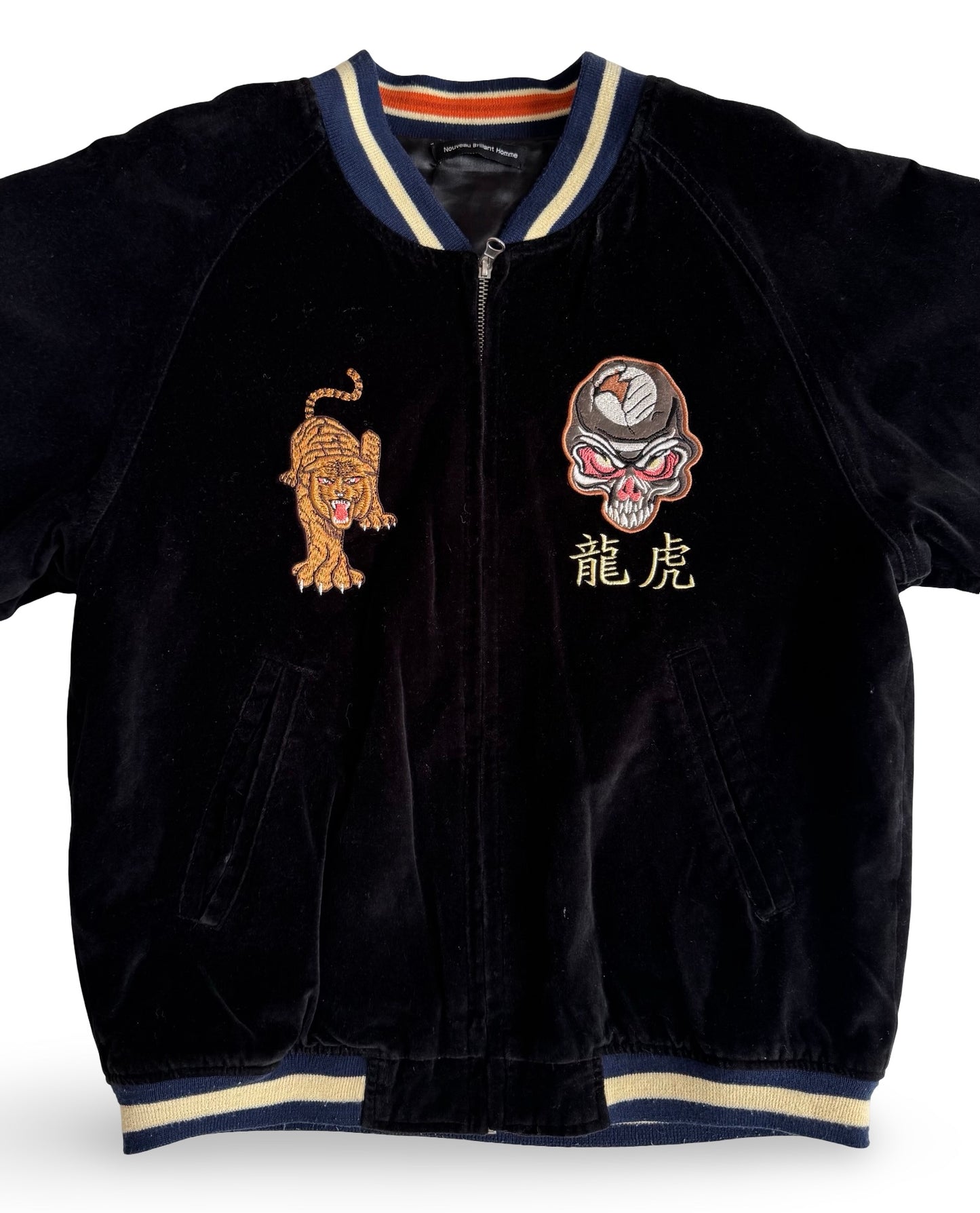 Vintage Velvet Sukajan Jacket — Tiger × Skull Embroidery, Japan Yokosuka Style Velour Souvenir Jacket