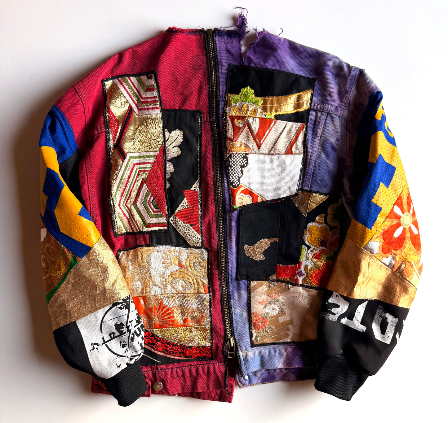 COTÉ MER Kimono Obi Patchwork Denim Remake Upcycled Jacket L XL Japanese One of One Harajuku Streetwear Wearable Art