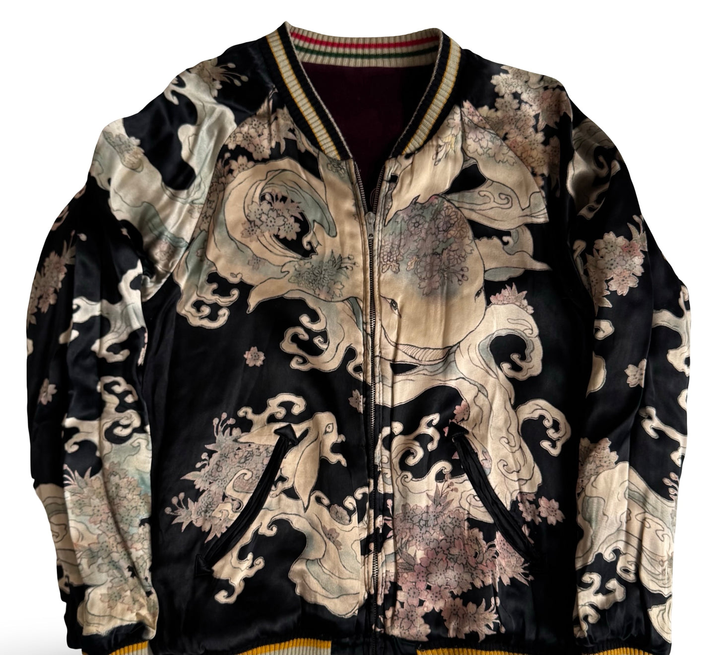 Chikiriya Reversible Velvet Ukiyo-e Sukajan — Wagara Frog & Lotus × Ukiyo-e Whale Wave Art | Kyoto Traditional Embroidery Jacket