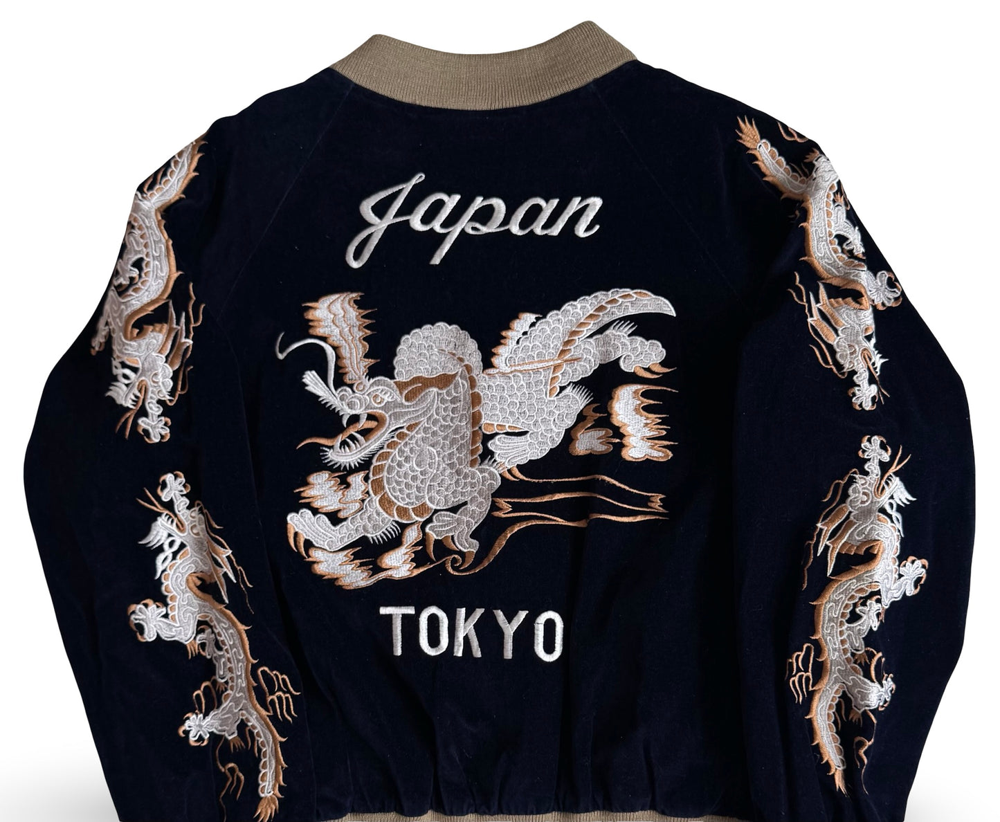 Vintage 1980s Vacation Paradise Dragon Sukajan Jacket Navy Velvet Tokyo Japan Souvenir Bomber