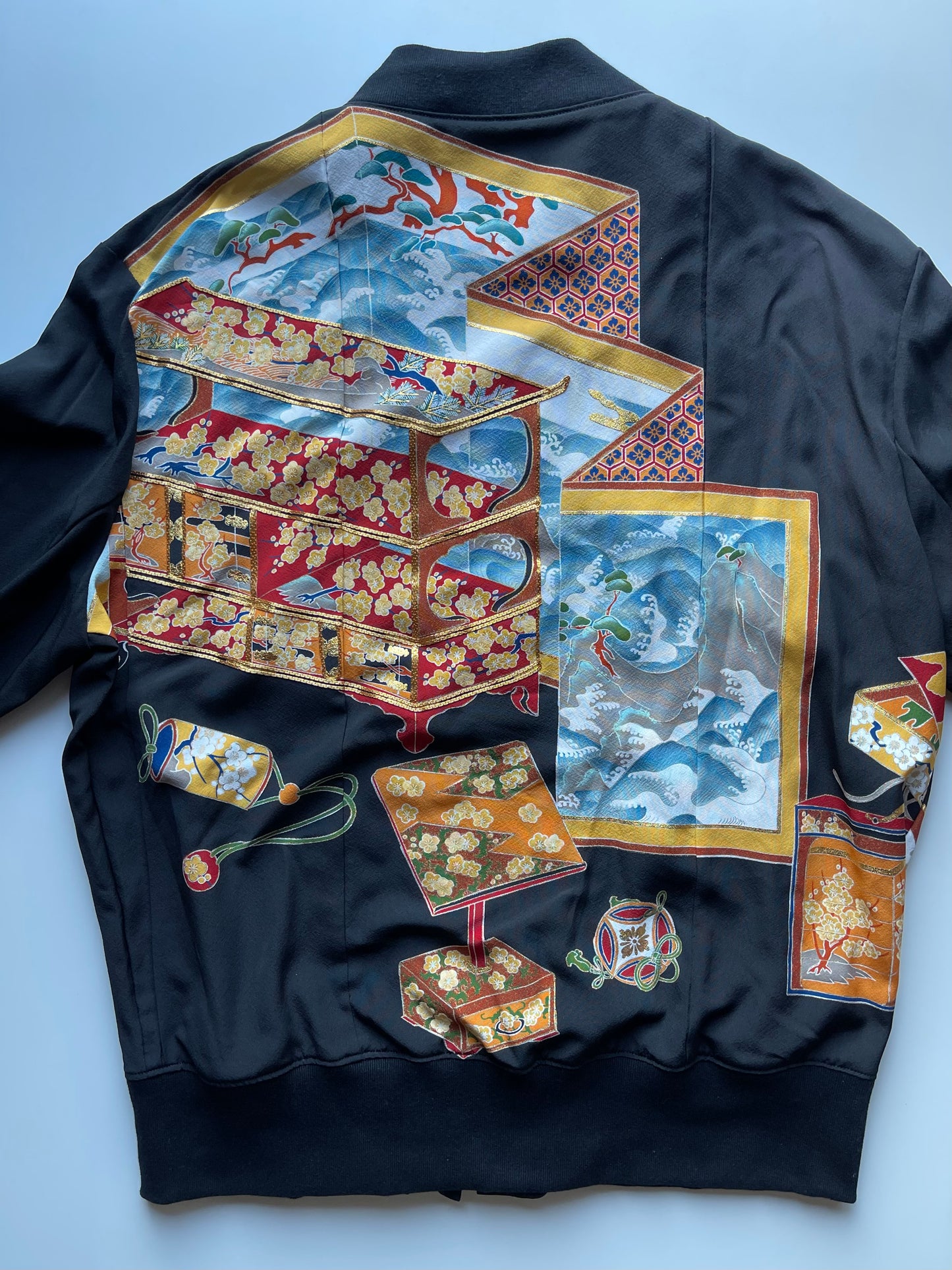 Vintage Japanese Kimono Remake Bomber Jacket | Black Wagara Floral Jacket | Handmade Upcycled Obi Textile | One-of-a-Kind Japanese Artwear