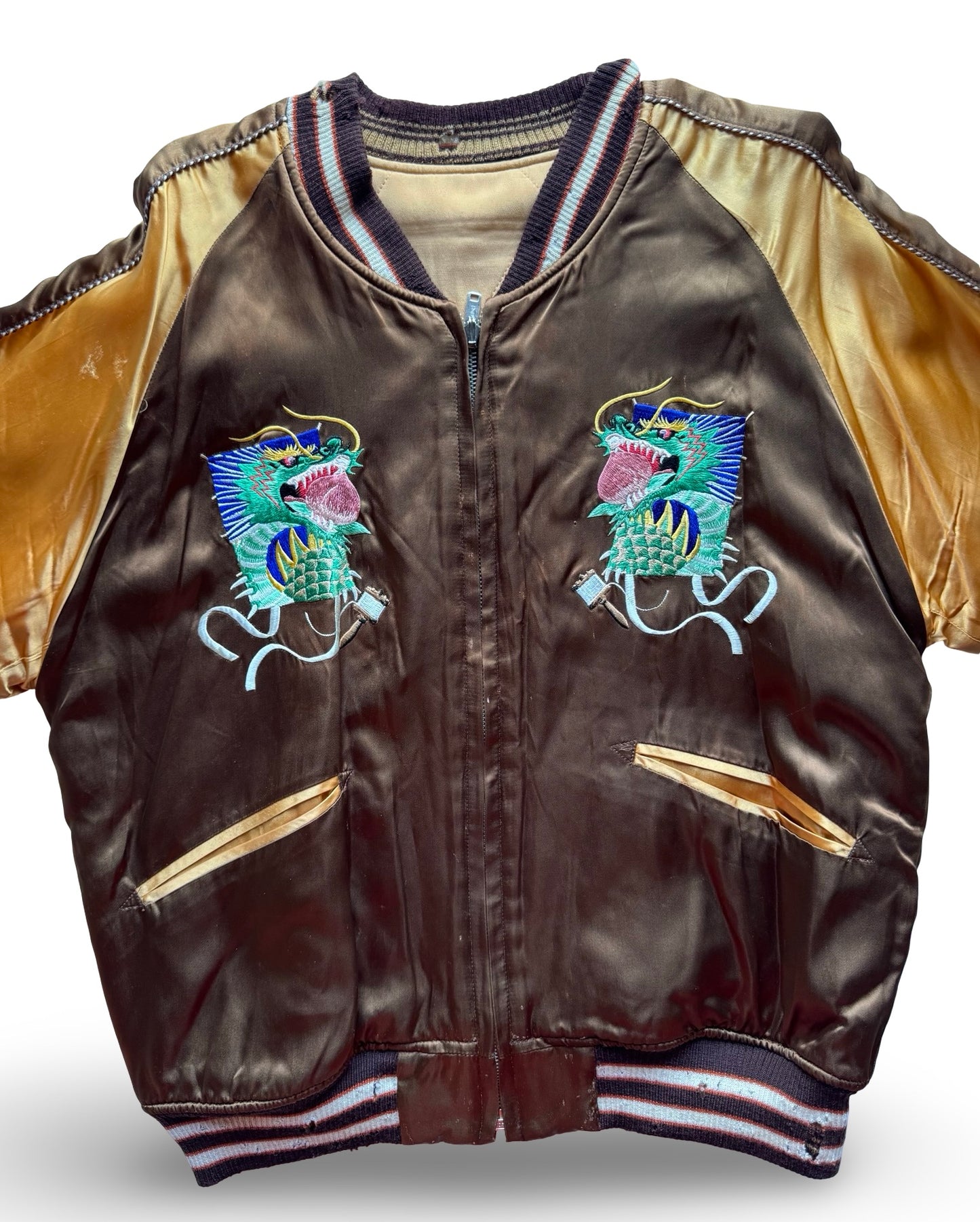 Vintage Pherrow’s Reversible Sukajan Dragon Warrior Skeleton Dance Japan Souvenir Jacket, Gold Brown Embroidered Bomber