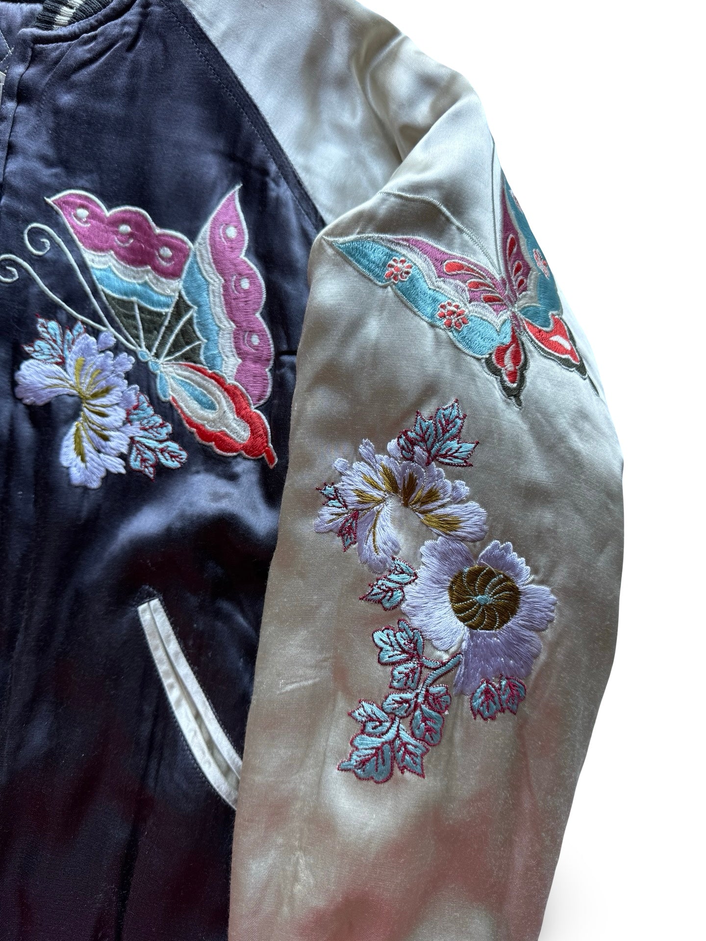 Reversible Japanese Sukajan Jacket – Butterfly & Floral Embroidery / Crane & Pine Quilted Design – Vintage Yokosuka Souvenir Jacket