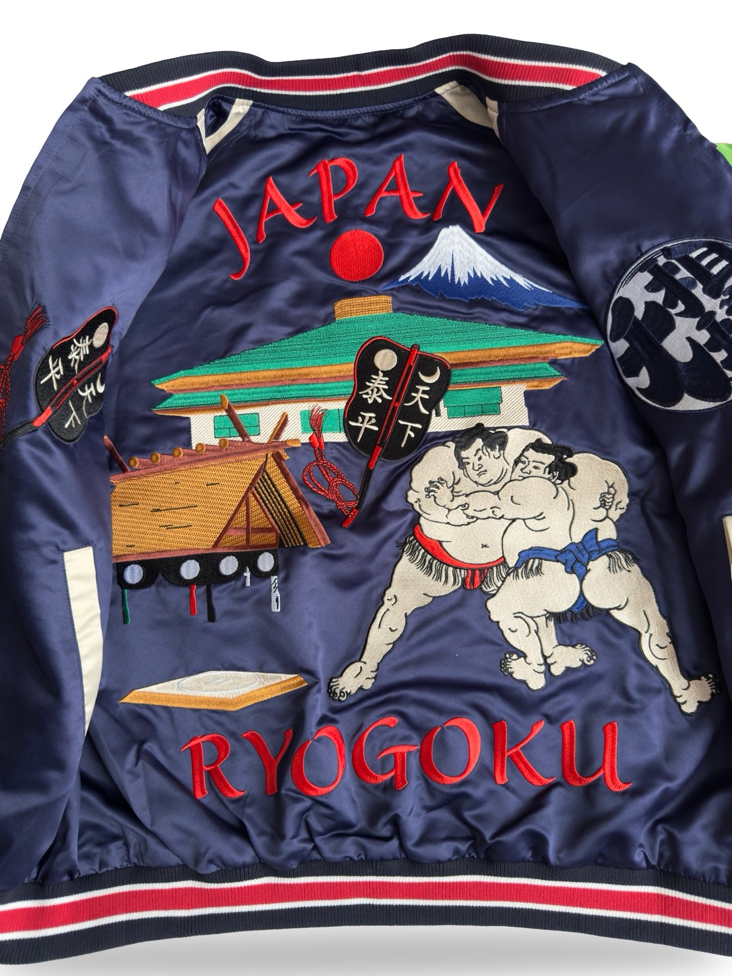 Dope Reversible Ryogoku Sumo Sukajan Jacket – Mt. Fuji Embroidery, Neon Banner Side, Premium Japanese Souvenir Art