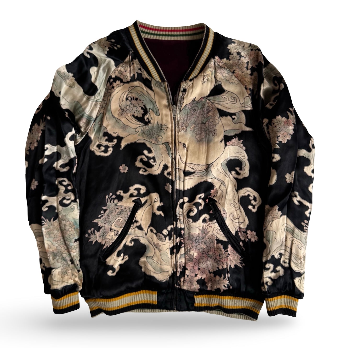 Chikiriya Reversible Velvet Ukiyo-e Sukajan — Wagara Frog & Lotus × Ukiyo-e Whale Wave Art | Kyoto Traditional Embroidery Jacket
