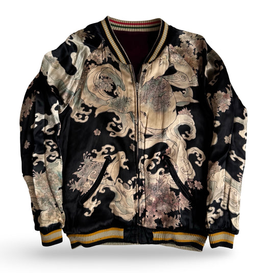 Chikiriya Reversible Velvet Ukiyo-e Sukajan — Wagara Frog & Lotus × Ukiyo-e Whale Wave Art | Kyoto Traditional Embroidery Jacket