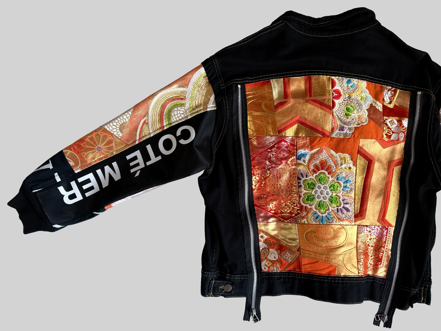 COTE MER Kimono Obi Remake Denim Jacket Silk Brocade Patchwork Japanese Upcycled Designer Jacket L XL