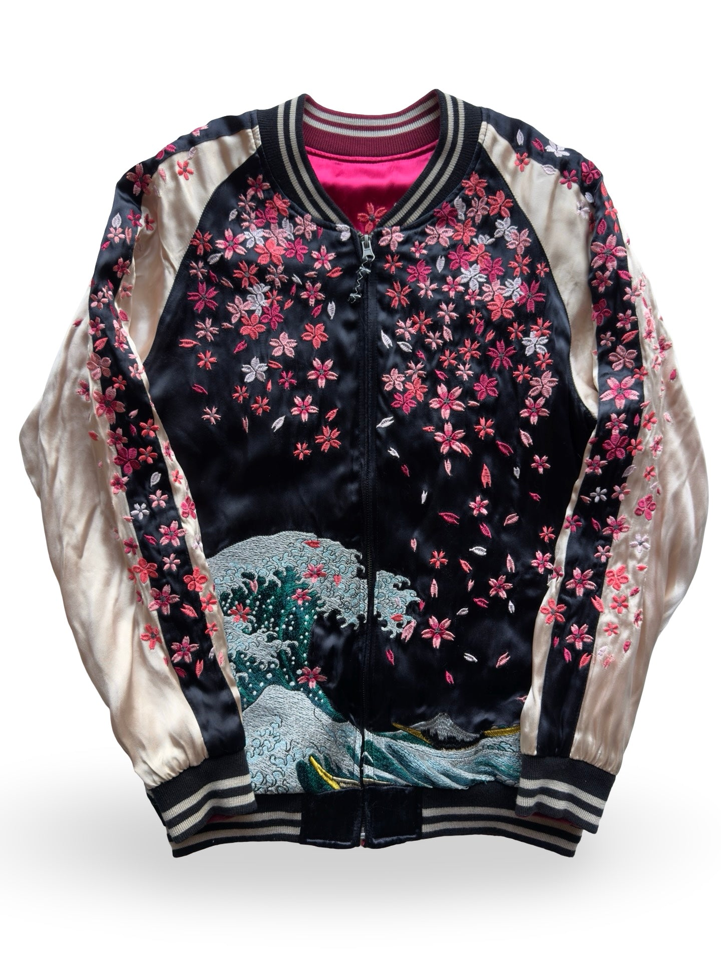 Miyabi Musubi Reversible Sukajan – Rising Koi & Hokusai Great Wave, Sakura Storm Embroidery, Japonisme Japanese Souvenir Jacket