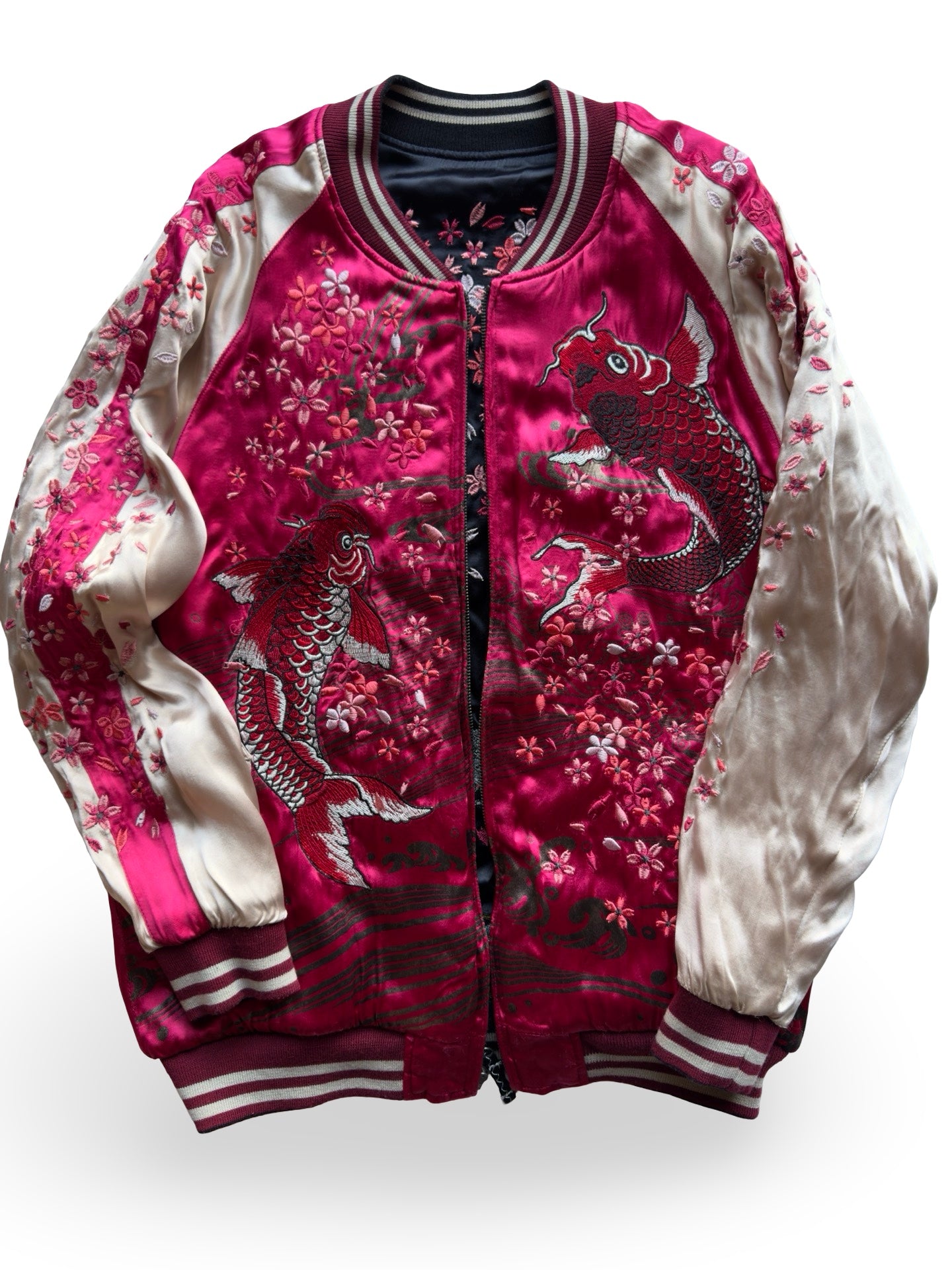 Miyabi Musubi Reversible Sukajan – Rising Koi & Hokusai Great Wave, Sakura Storm Embroidery, Japonisme Japanese Souvenir Jacket
