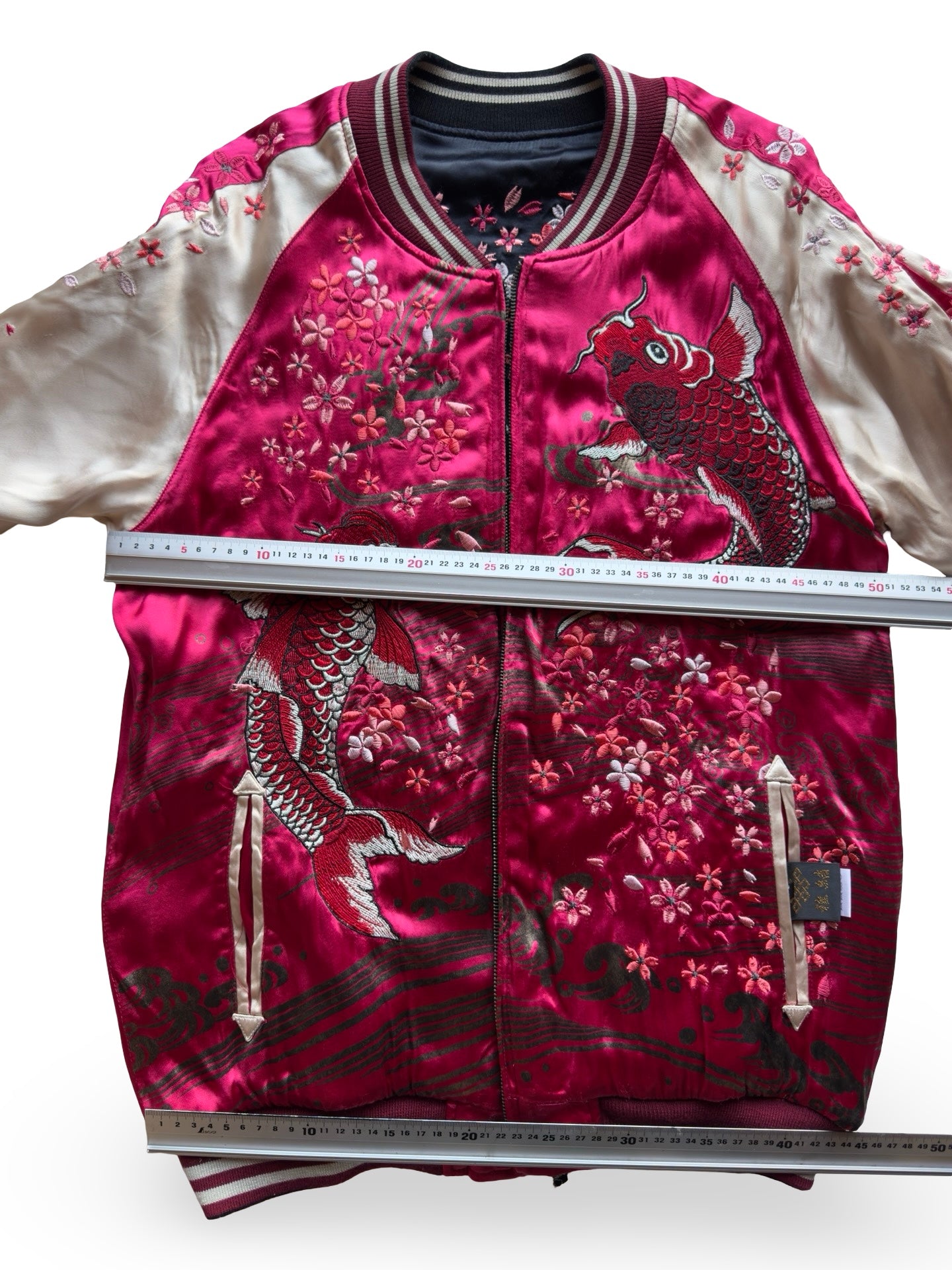 Miyabi Musubi Reversible Sukajan – Rising Koi & Hokusai Great Wave, Sakura Storm Embroidery, Japonisme Japanese Souvenir Jacket