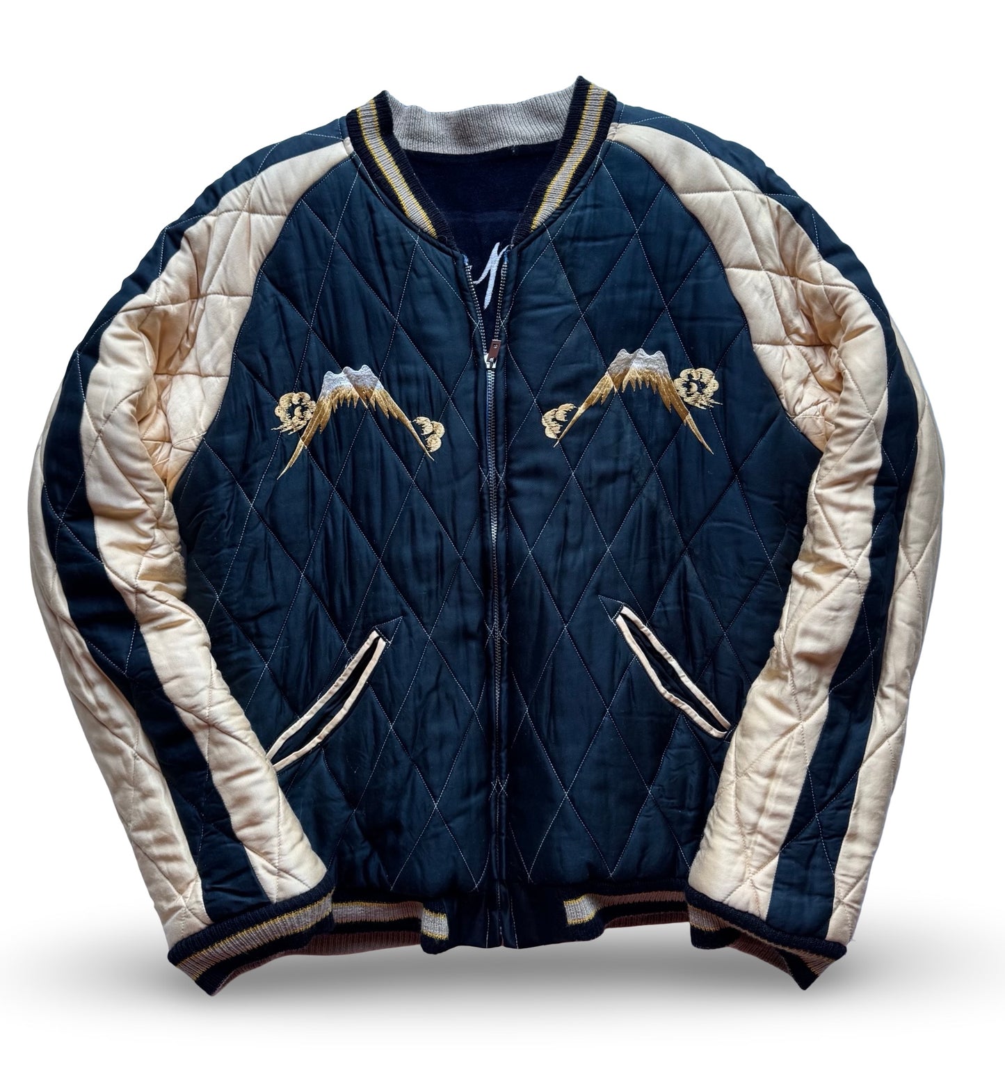 Vintage BEAMS Reversible Sukajan Jacket — Dragon & Skull Embroidery / Pagoda & Mt. Fuji Quilted Souvenir Jacket (Japan)