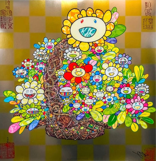 Takashi Murakami “Basket of Flowers” Poster ED300 — Gold Foil Checkerboard — Limited Kaikai Kiki Edition Art Print
