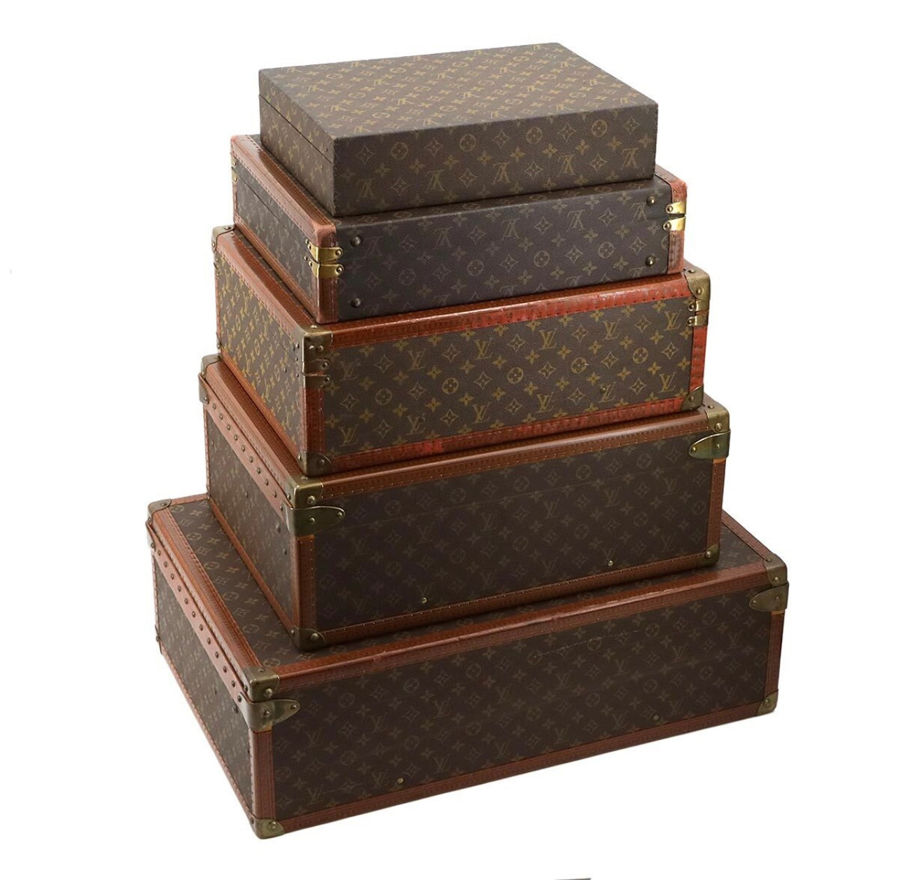 Louis Vuitton Vintage Monogram Trunk Tower Set of 5 – Brass Hardware, Collectible LV Travel Cases, Interior Décor Stack