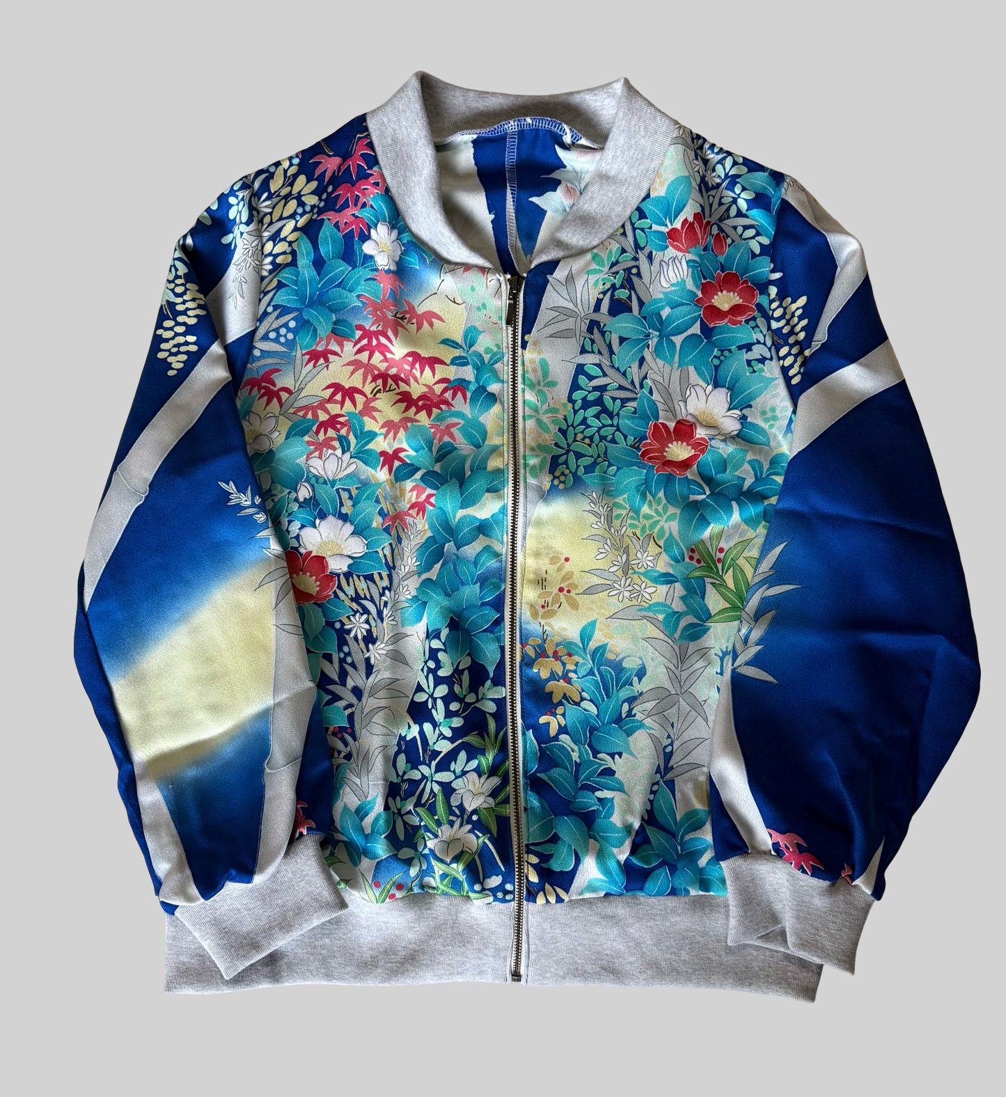 Vintage Kimono Remake Bomber Jacket Blue Floral Camellia Silk Upcycled Japanese Wearable Art Jacket Unisex Free Size S M