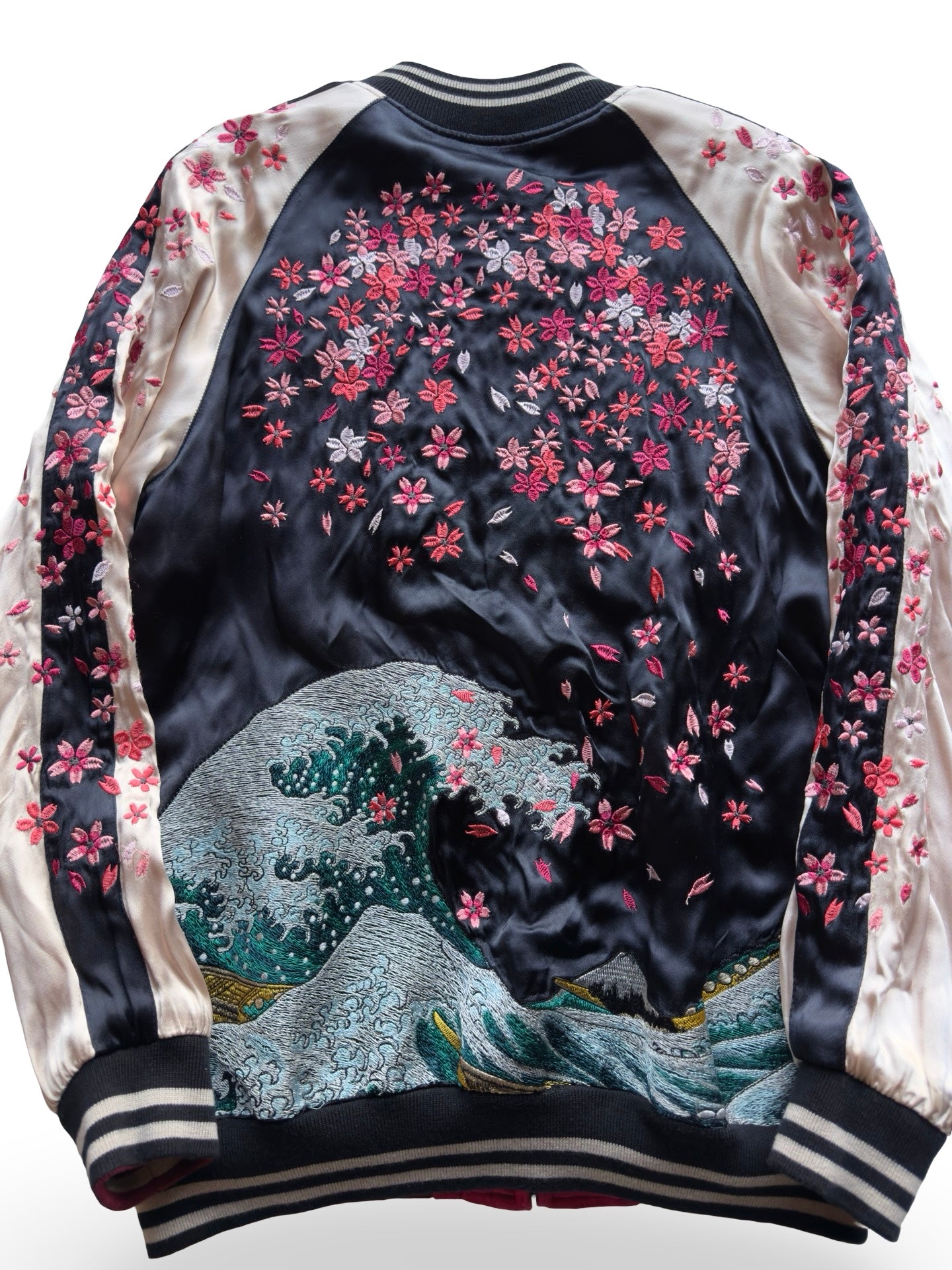 Miyabi Musubi Reversible Sukajan – Rising Koi & Hokusai Great Wave, Sakura Storm Embroidery, Japonisme Japanese Souvenir Jacket