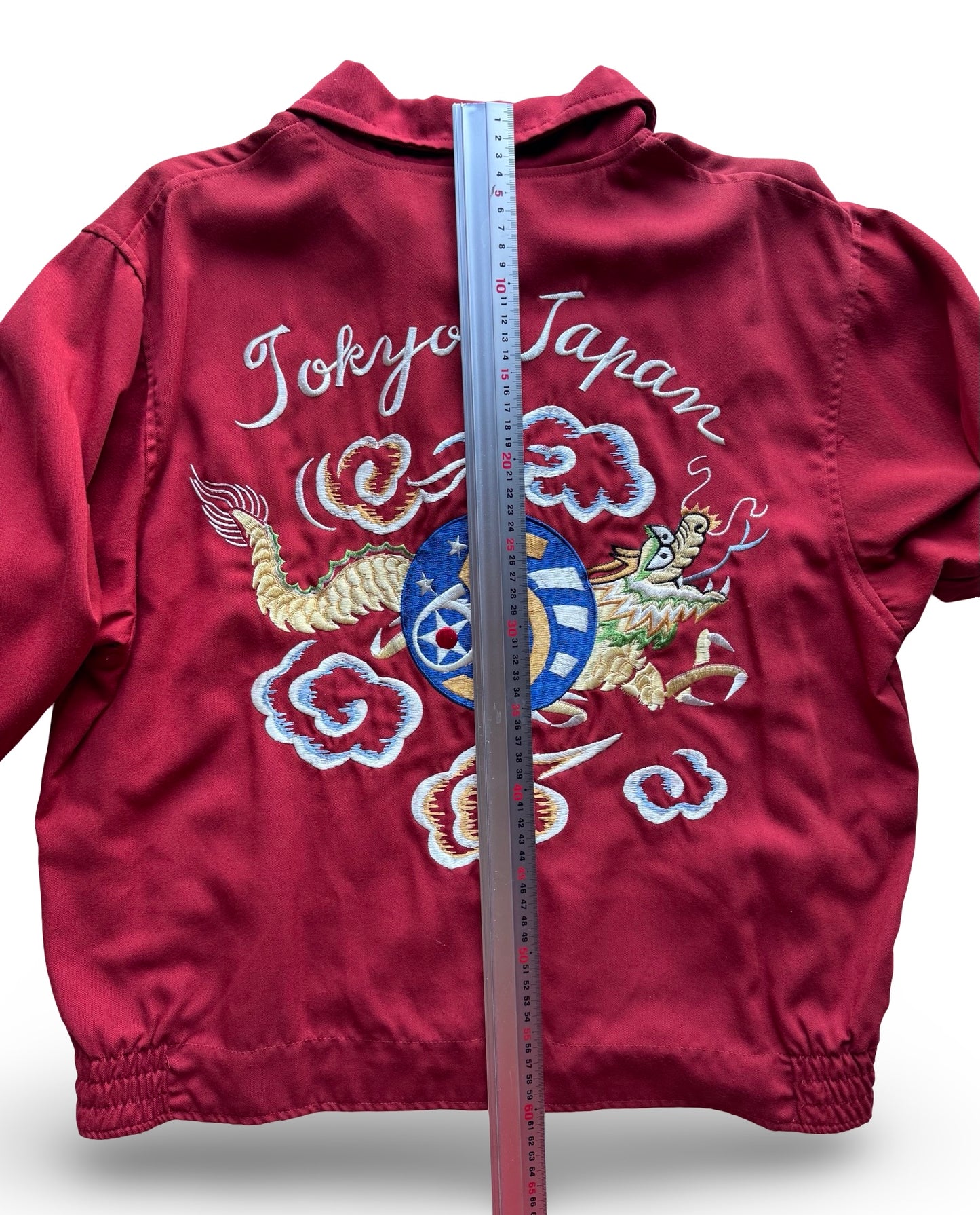 Vintage Tailor Toyo Dragon Souvenir Jacket — Tokyo Japan Embroidery • 5th Air Force Patch • Scarlet Red Sukajan (One-Side Only)