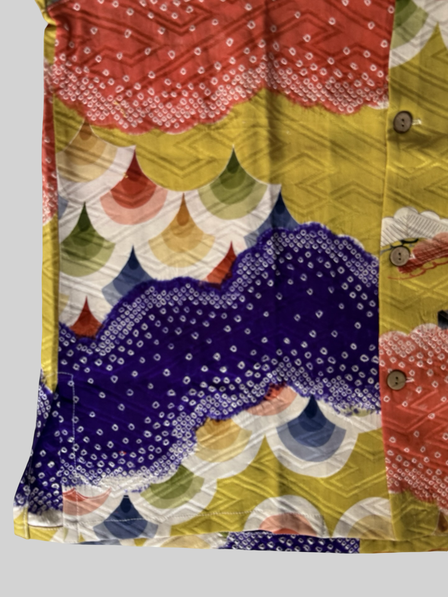 Kimono Remake Silk Aloha Shirt Gosho Guruma Imperial Carriage Shibori Cloud Pattern Handmade Japanese Vintage Textile L