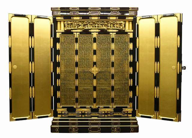 Monumental Otani-ha Guden-Style Gold Butsudan (Jodo Shinshu, Higashi Lineage) — Black Lacquer Exterior, Full Gold Interior — Estate-Scale Architectural Altar Cabinet (122W × 177H × 80D cm)