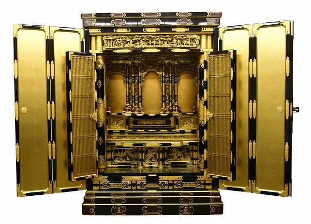 Monumental Otani-ha Guden-Style Gold Butsudan (Jodo Shinshu, Higashi Lineage) — Black Lacquer Exterior, Full Gold Interior — Estate-Scale Architectural Altar Cabinet (122W × 177H × 80D cm)