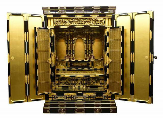 Monumental Otani-ha Guden-Style Gold Butsudan (Jodo Shinshu, Higashi Lineage) — Black Lacquer Exterior, Full Gold Interior — Estate-Scale Architectural Altar Cabinet (122W × 177H × 80D cm)